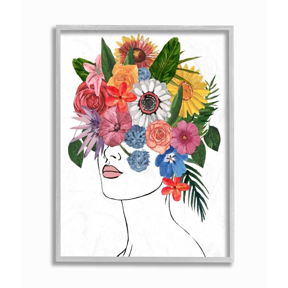 Stupell Industries Female Sketch Portrait Lips Multi-color Floral Arrangement Framed Wall Art Design by Annie Warren, 11" x 14", Gray Framed