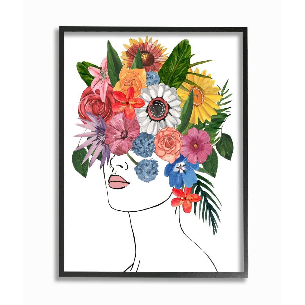 Stupell Industries Female Sketch Portrait Lips Multi-color Floral Arrangement Framed Wall Art Design by Annie Warren, 24" x 30", Black Framed