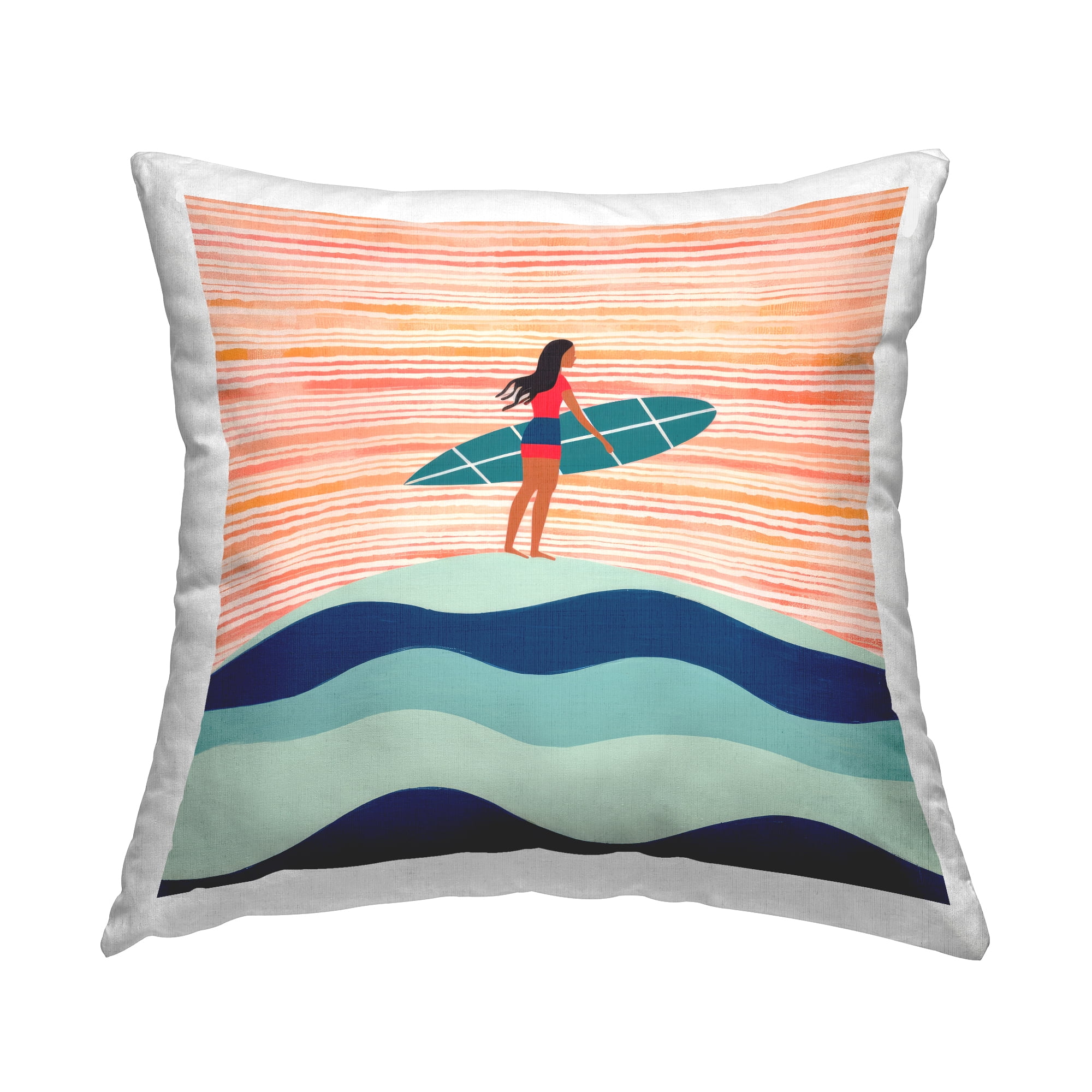 Stupell Industries Female Surfer Patterned Decorative Printed Throw Pillow, 18 x 18