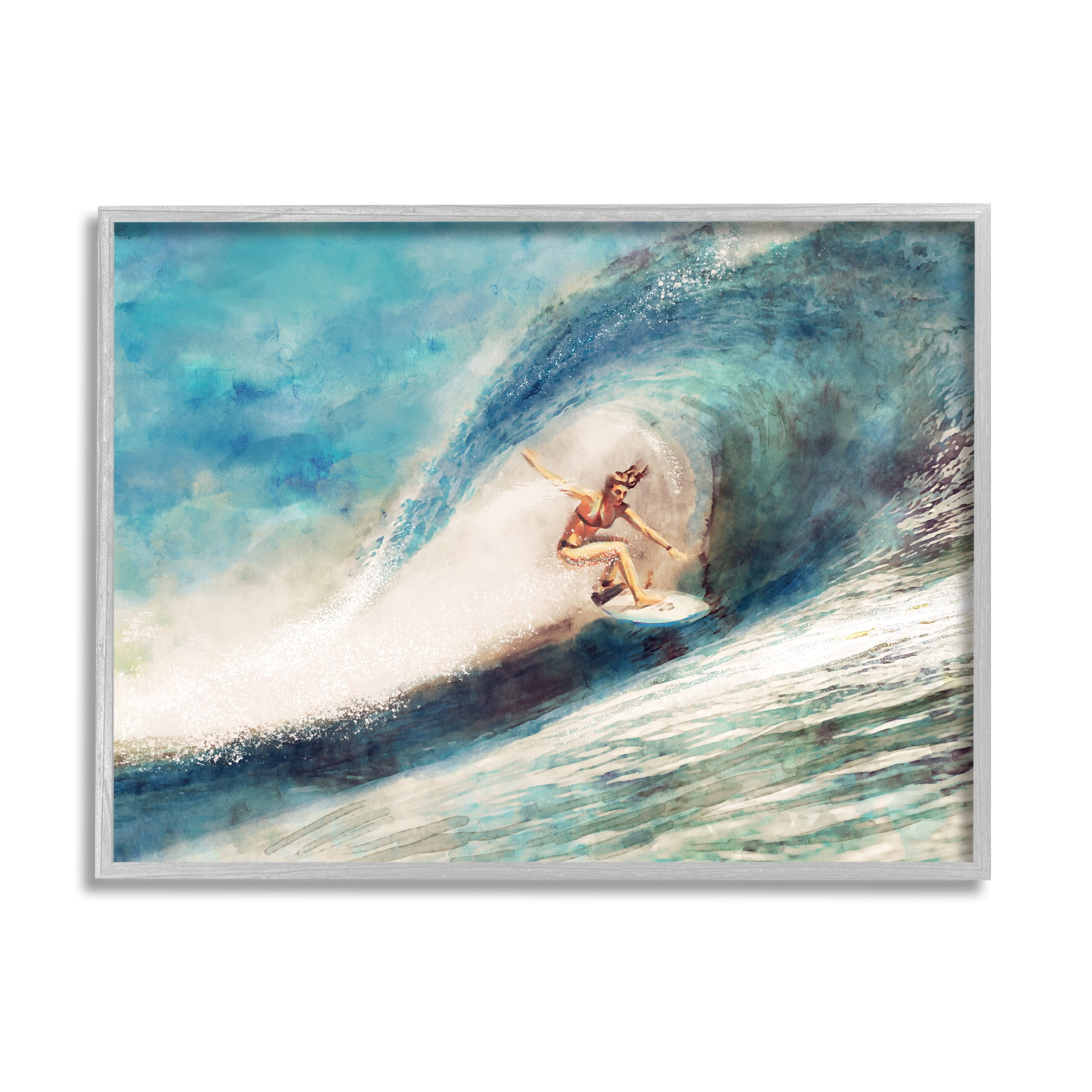 Stupell Industries Female Surfer Riding Barrel Wave Tropical Blue Waters, 30 x 24,Design by Ziwei Li