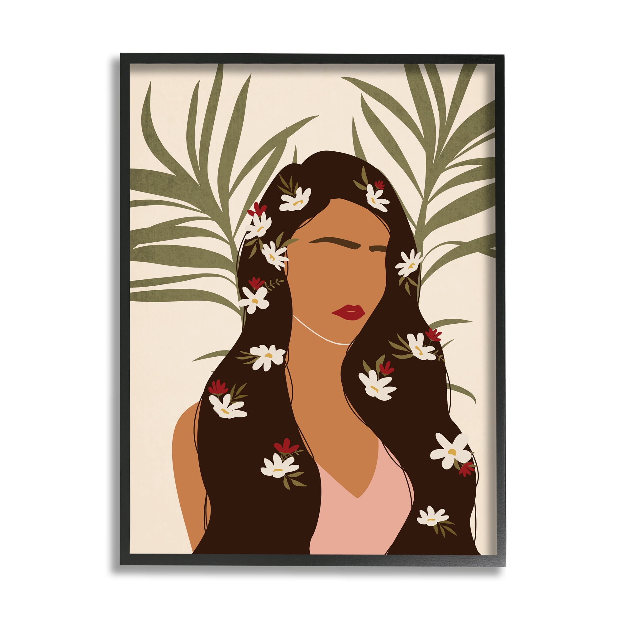 Stupell Industries Female With Tropical Florals in Hair Palm Leaves Modern Painting Black Framed Art Print Wall Art, 11 x 14, Design by JJ Design House LLC