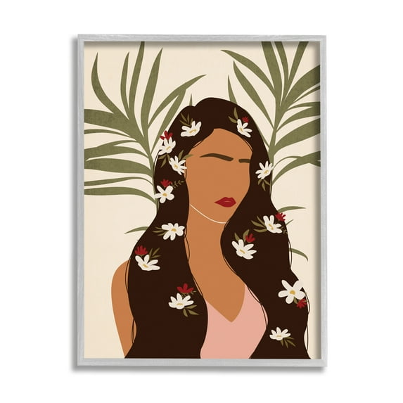 Stupell Industries Female With Tropical Florals in Hair Palm Leaves Modern Painting Gray Framed Art Print Wall Art, 11 x 14, Design by JJ Design House LLC