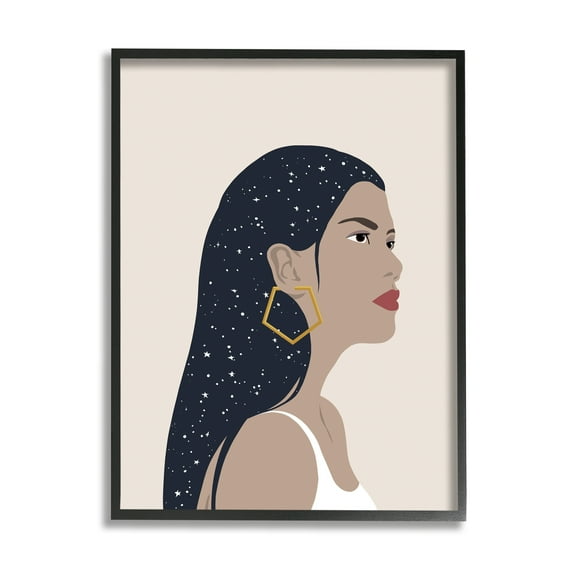 Stupell Industries Female With Earring Abstract Star Constellation Hair Novelty Painting Black Framed Art Print Wall Art, 24 x 30