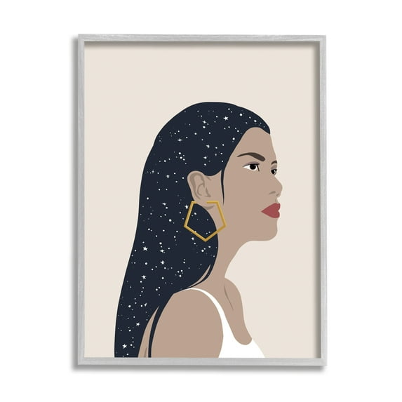 Stupell Industries Female With Earring Abstract Star Constellation Hair Novelty Painting Gray Framed Art Print Wall Art, 16 x 20