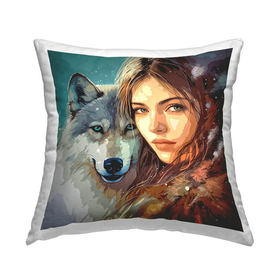 Stupell Industries Female & Wolf Portrait Decorative Printed Throw Pillow, 18 x 18