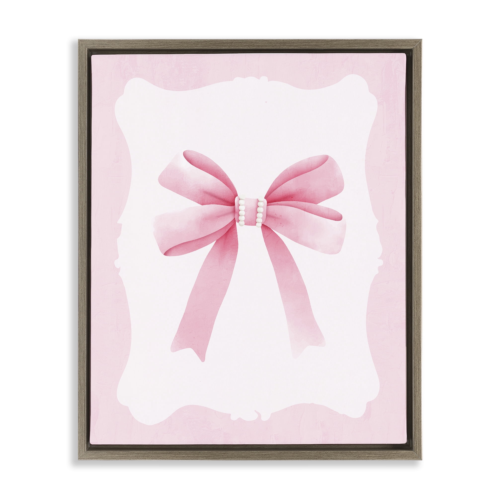 Stupell Industries Feminine Bow with Pearls Brown Framed Floater Canvas Wall Art, design by Kim Allen