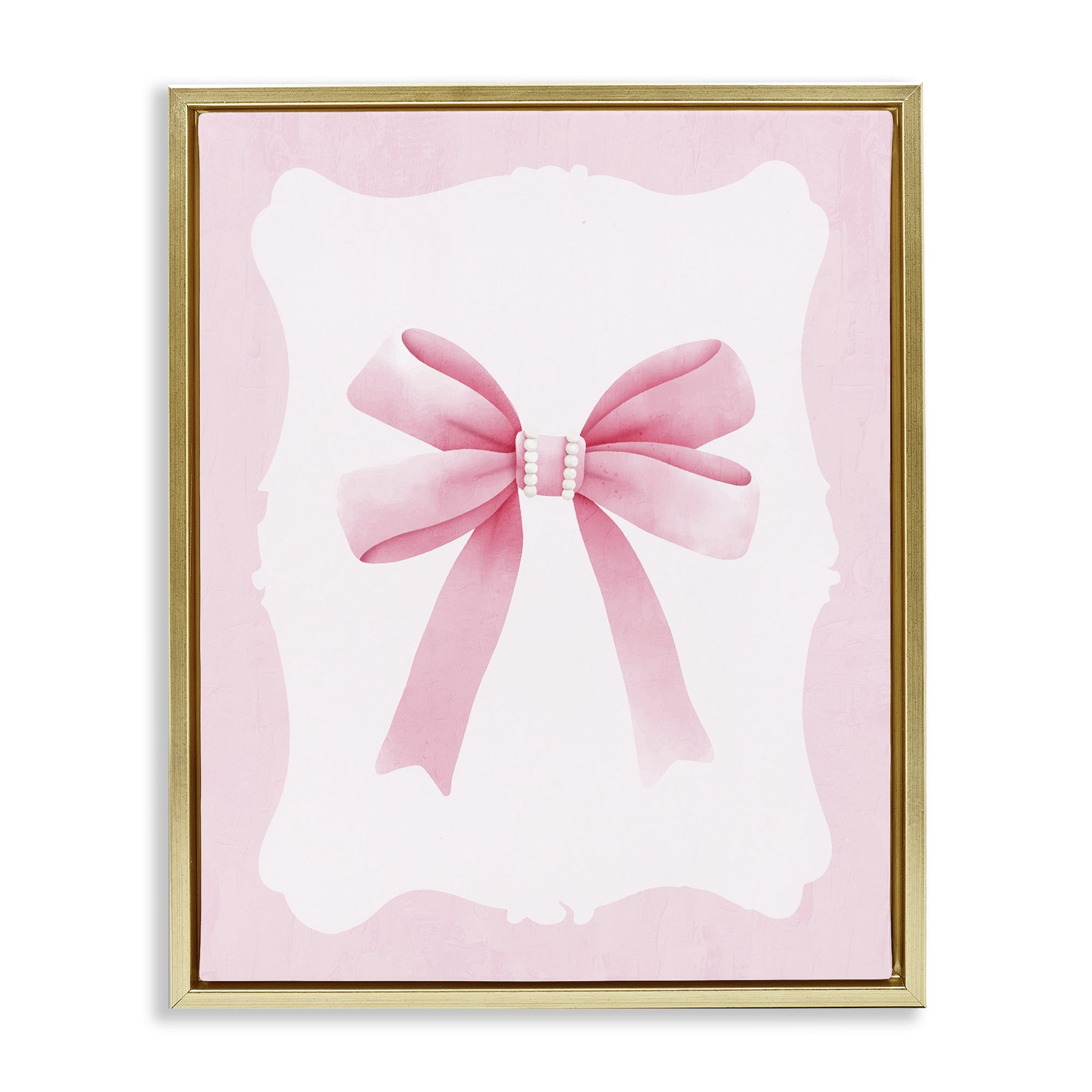 Stupell Industries Feminine Bow with Pearls Gold Framed Floater Canvas Wall Art, design by Kim Allen