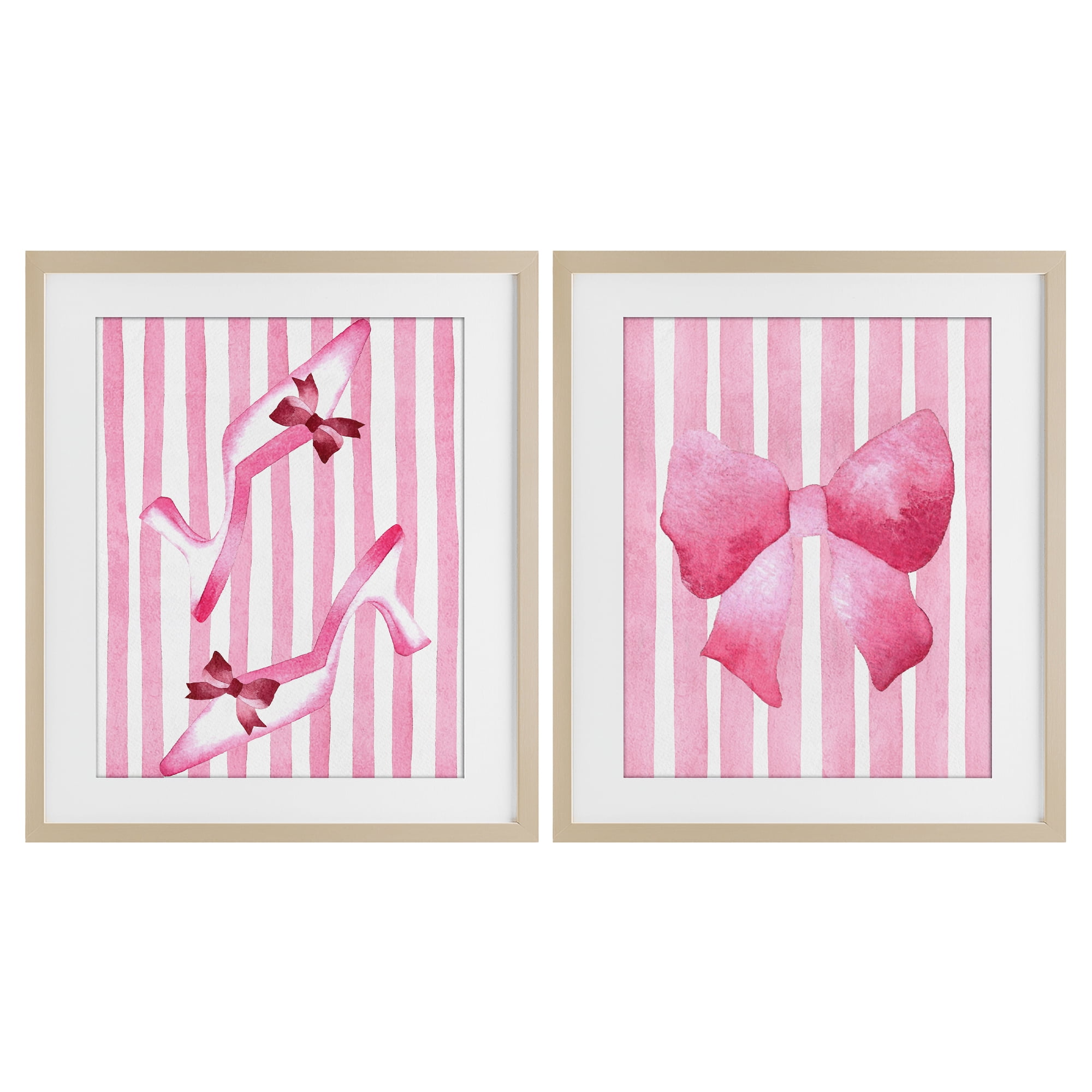 Stupell Industries Feminine Chic Bows Pink Stripes 2 Piece Birch Framed Print Under Glass Set, design by Camila Juncos