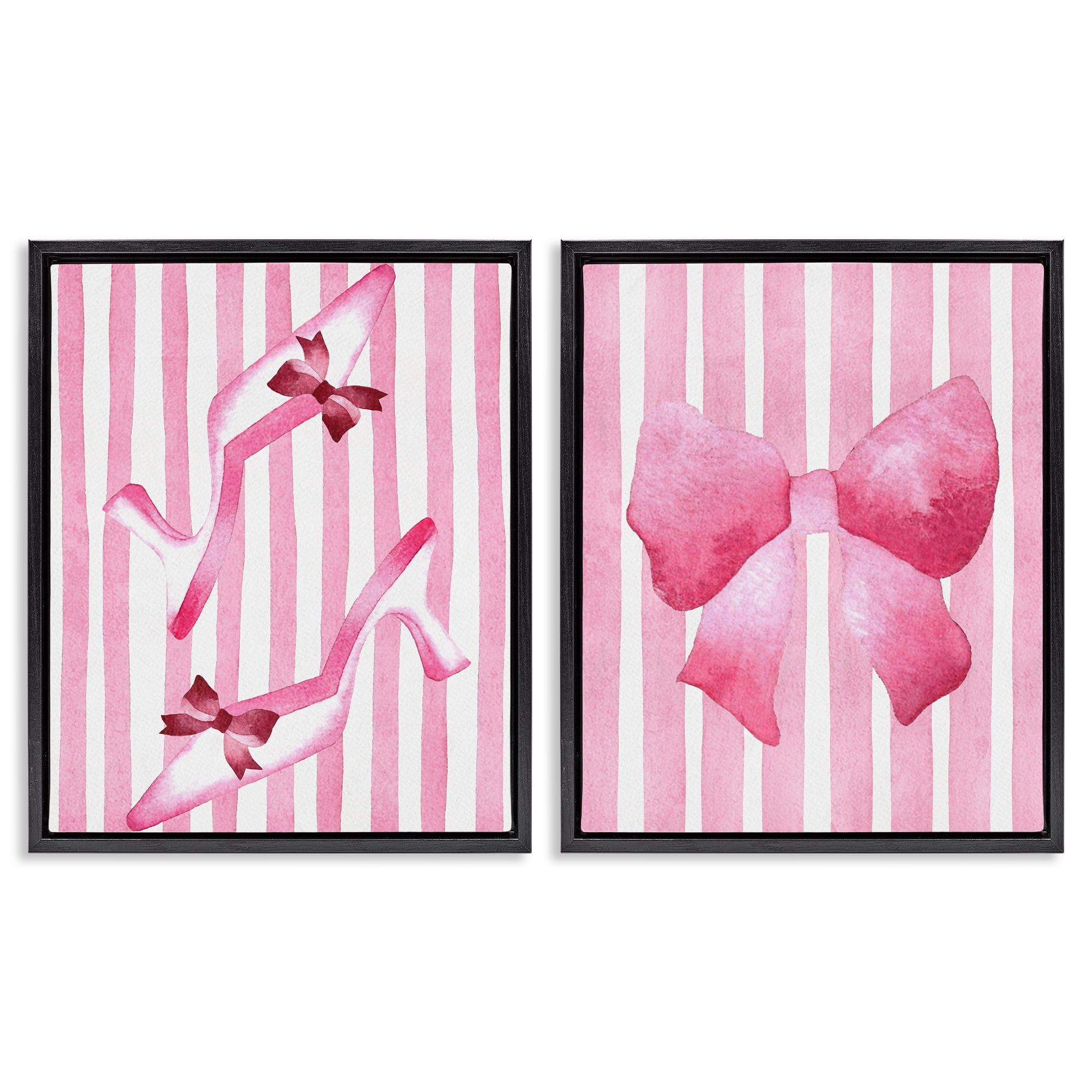 Stupell Industries Feminine Chic Bows Pink Stripes 2 Piece Black Framed Floater Canvas Set, design by Camila Juncos