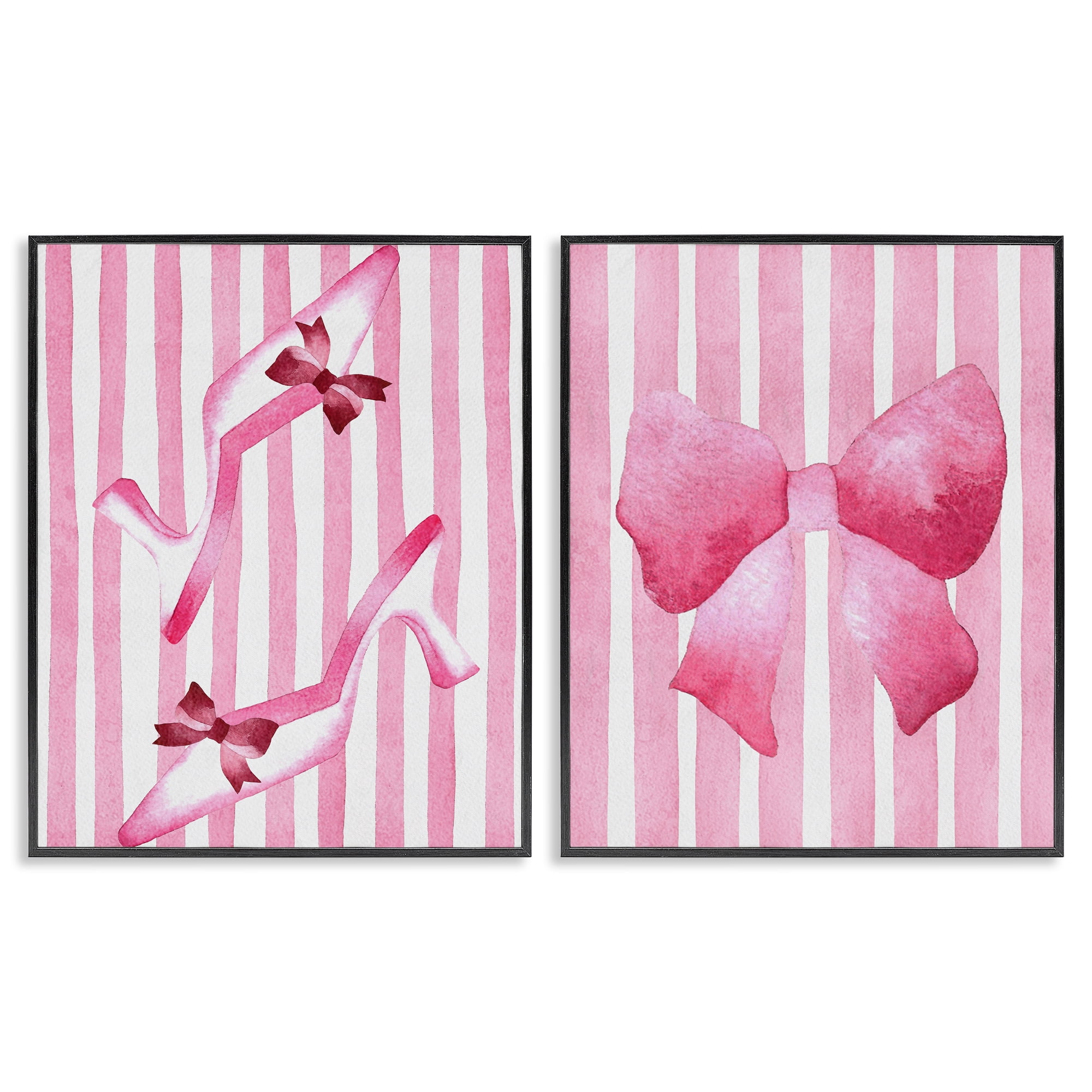 Stupell Industries Feminine Chic Bows Pink Stripes 2 Piece Black Framed Giclee Art Set, design by Camila Juncos