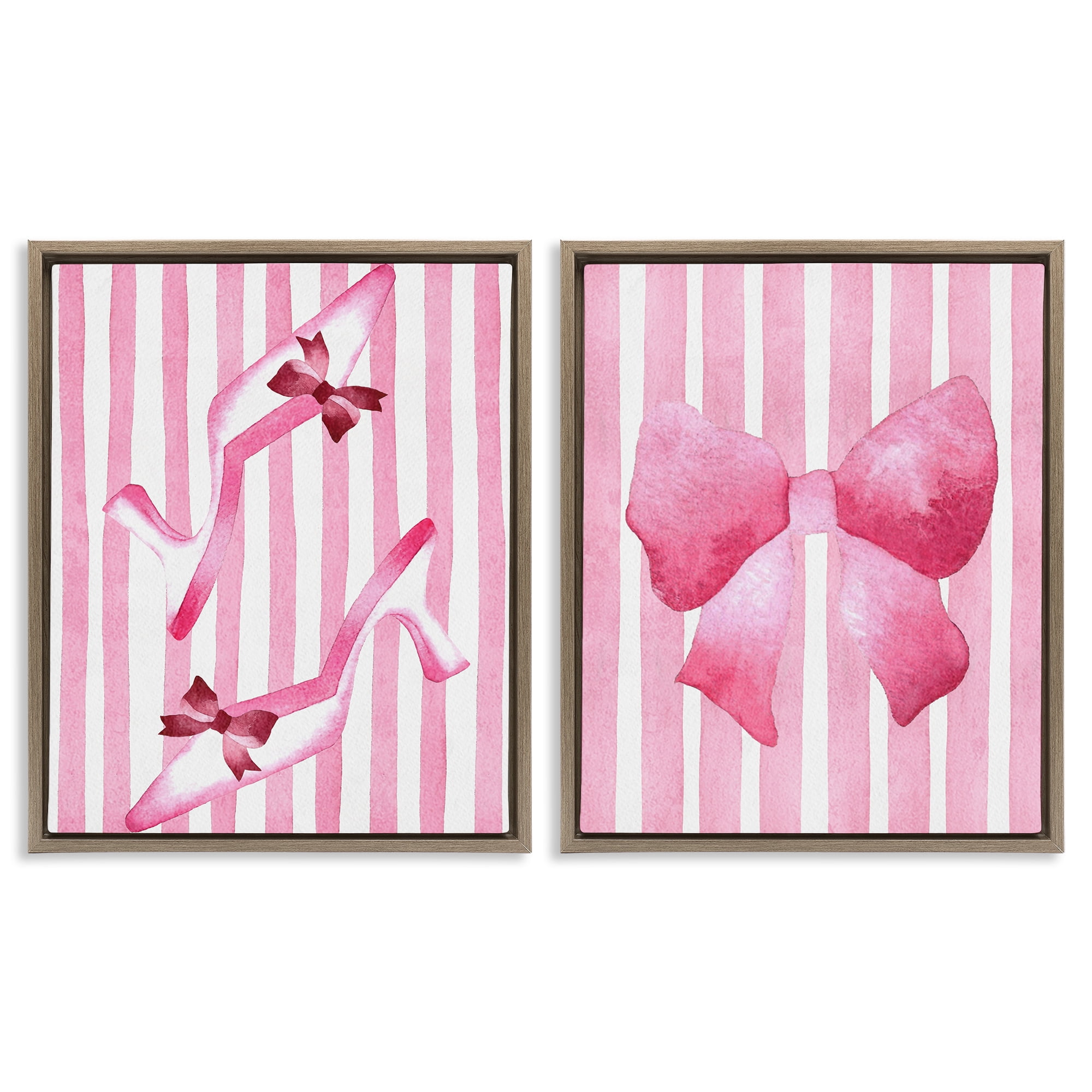 Stupell Industries Feminine Chic Bows Pink Stripes 2 Piece Brown Framed Floater Canvas Set, design by Camila Juncos