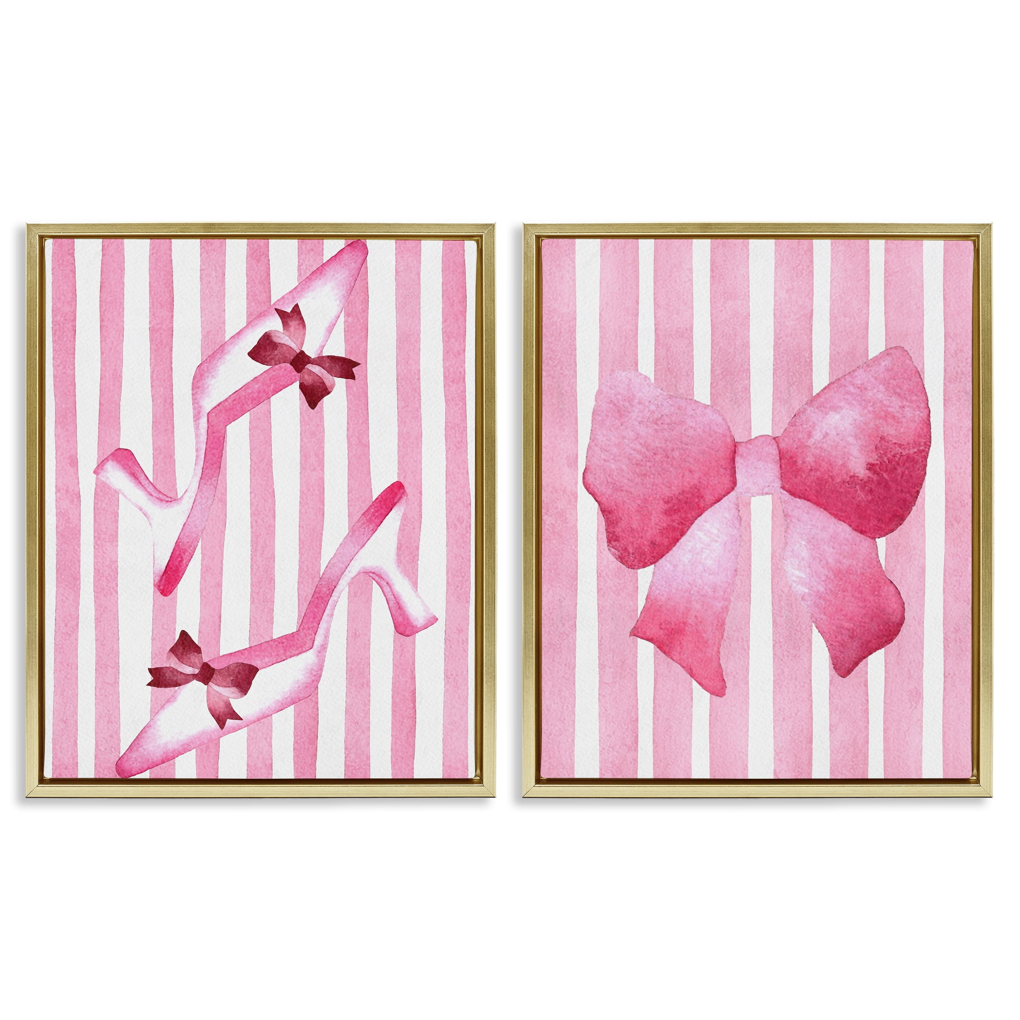 Stupell Industries Feminine Chic Bows Pink Stripes 2 Piece Gold Framed Floater Canvas Set, design by Camila Juncos