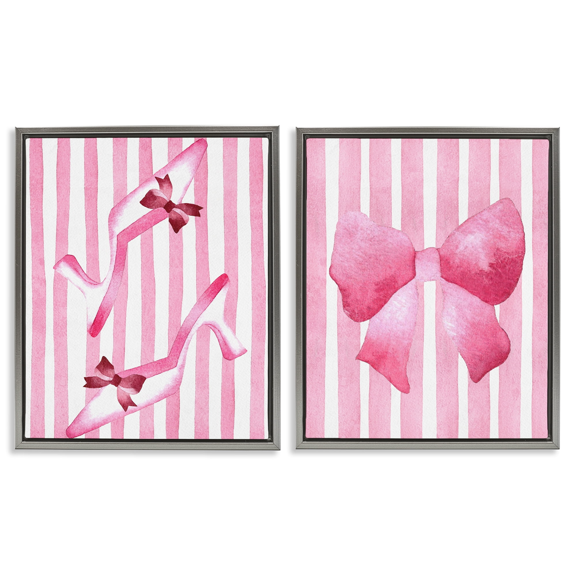 Stupell Industries Feminine Chic Bows Pink Stripes 2 Piece Gray Framed Floater Canvas Set, design by Camila Juncos