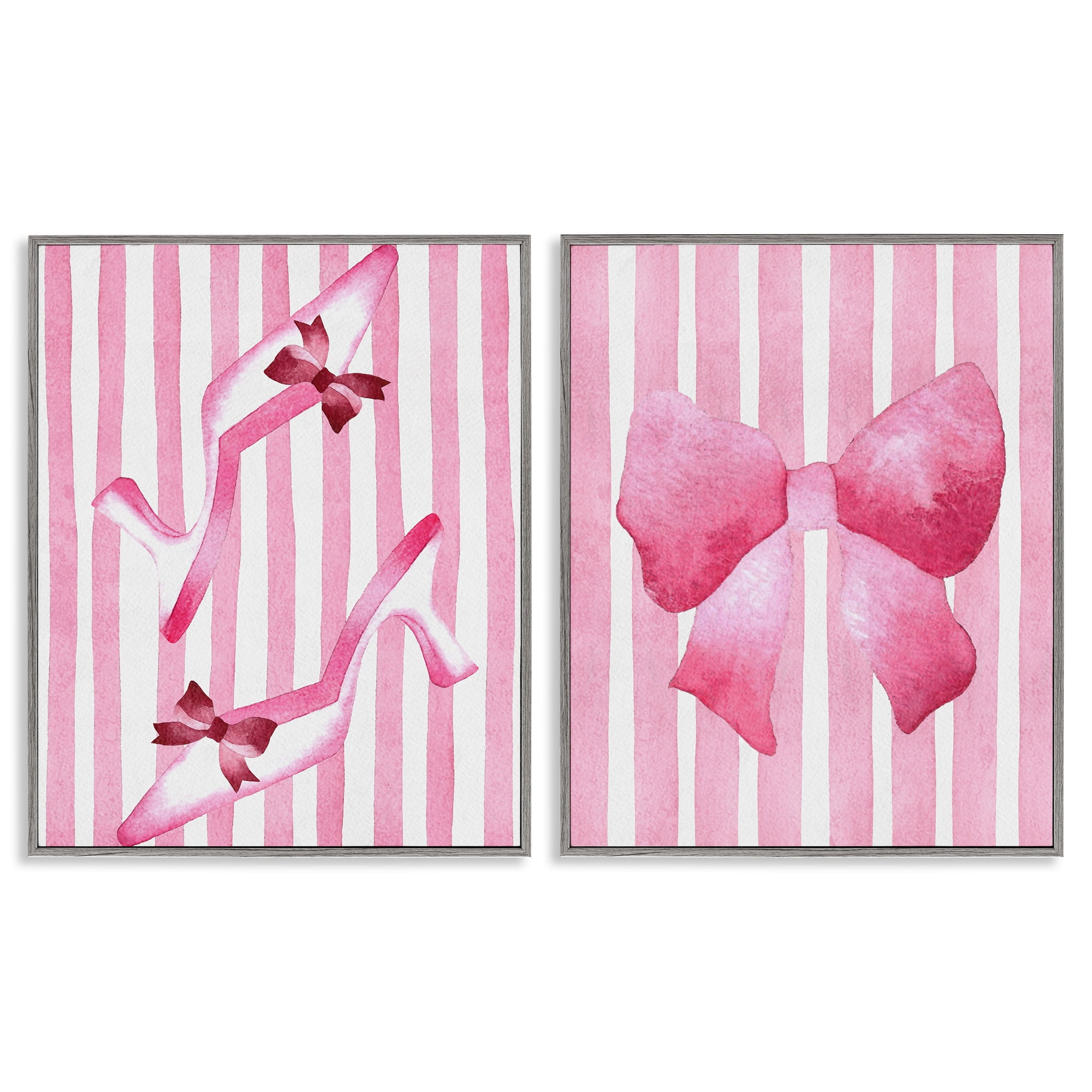 Stupell Industries Feminine Chic Bows Pink Stripes 2 Piece Gray Framed Giclee Art Set, design by Camila Juncos