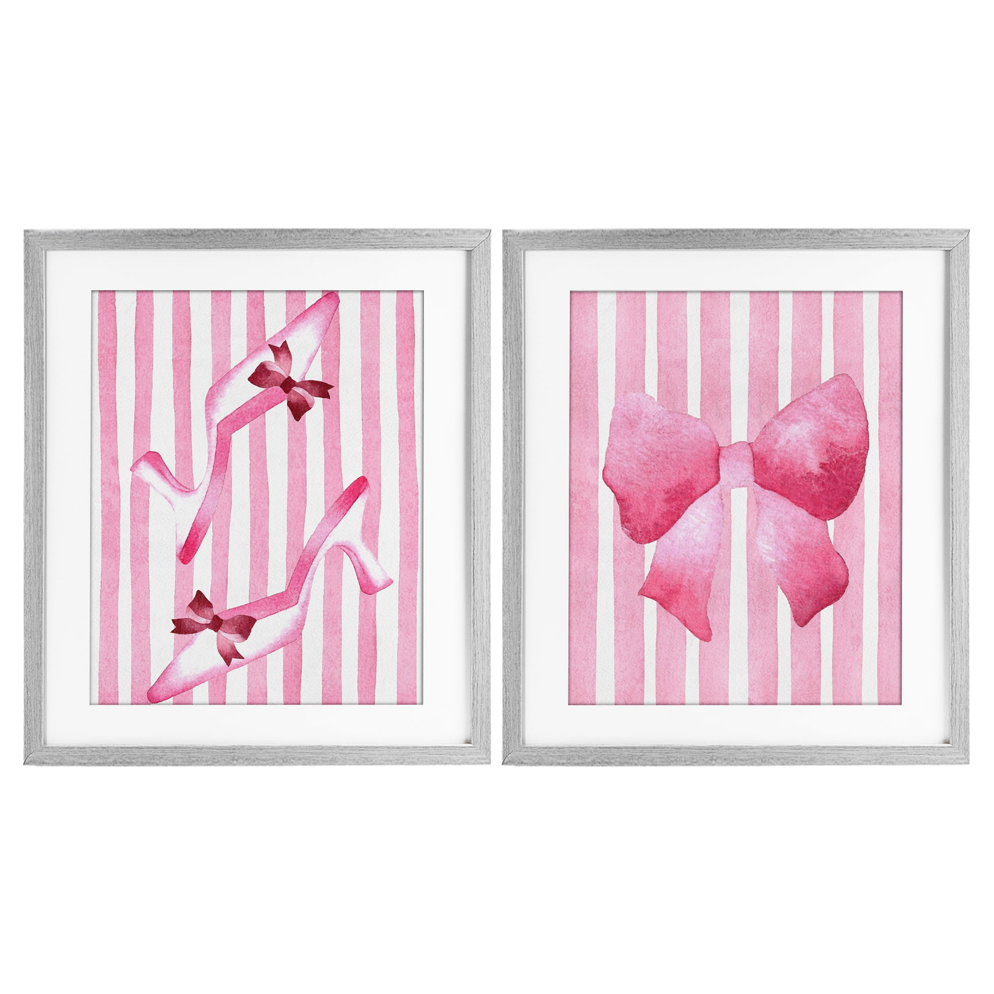 Stupell Industries Feminine Chic Bows Pink Stripes 2 Piece Gray Framed Print Under Glass Set, design by Camila Juncos