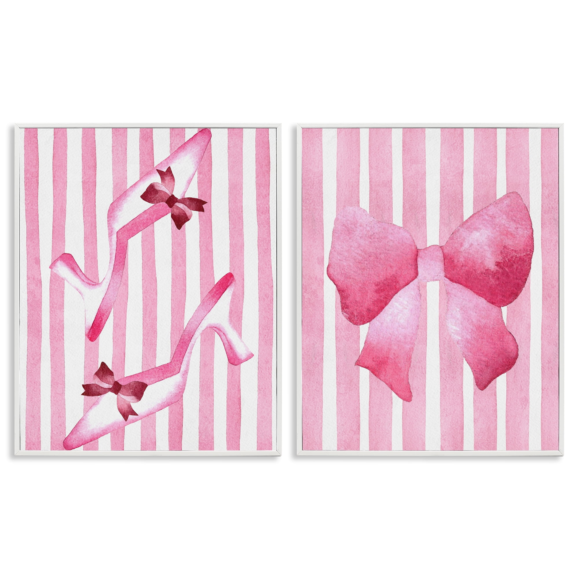 Stupell Industries Feminine Chic Bows Pink Stripes 2 Piece White Framed Giclee Art Set, design by Camila Juncos