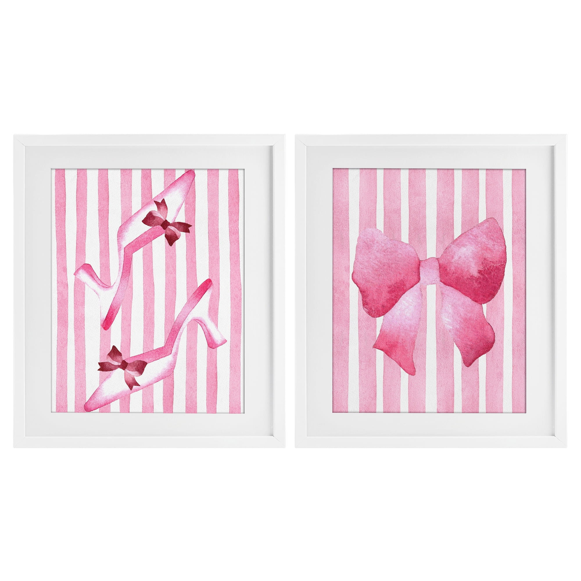 Stupell Industries Feminine Chic Bows Pink Stripes 2 Piece White Framed Print Under Glass Set, design by Camila Juncos