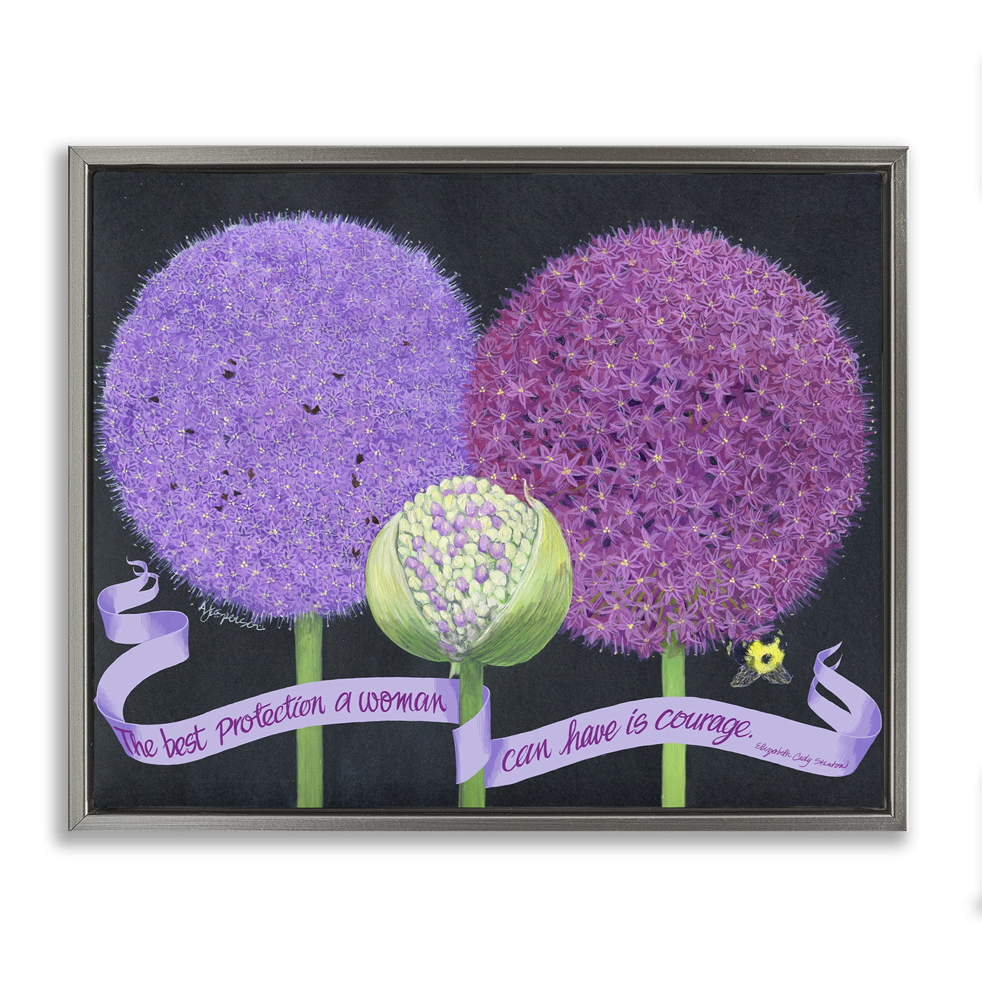 Stupell Industries Feminine Courage Quote Botanical & Floral Painting Gray Floater Framed Art Print Wall Art, 21 x 17