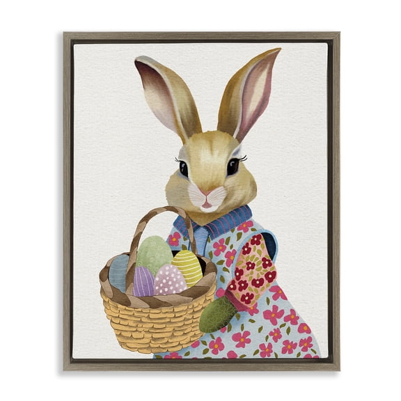 Stupell Industries Feminine Easter Bunny & Eggs Animals Painting Brown Floater Framed Canvas Art Print Wall Art, 17 x 21