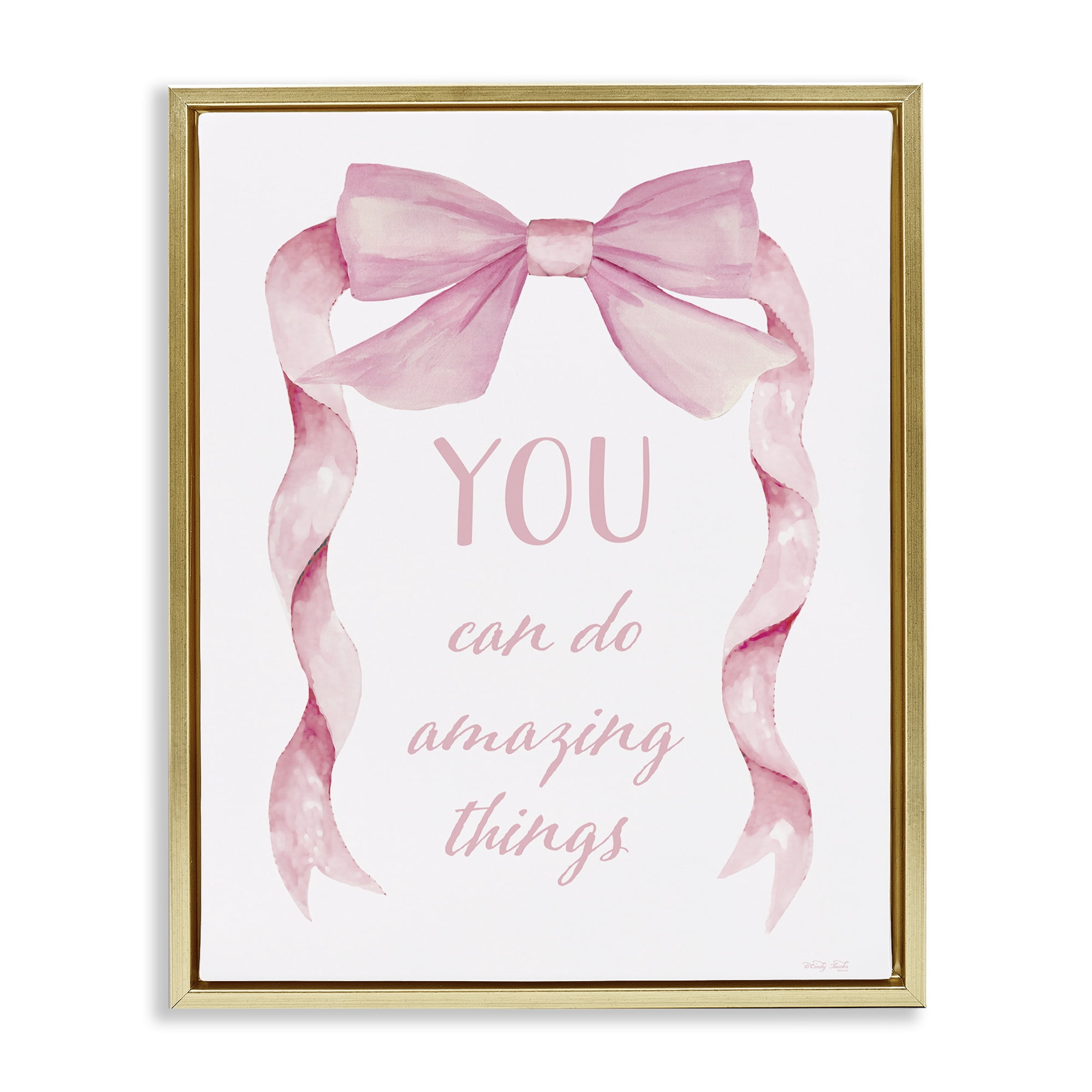 Stupell Industries Feminine Encouragement Ribbon Gold Framed Floater Canvas Wall Art, design by Cindy Jacobs