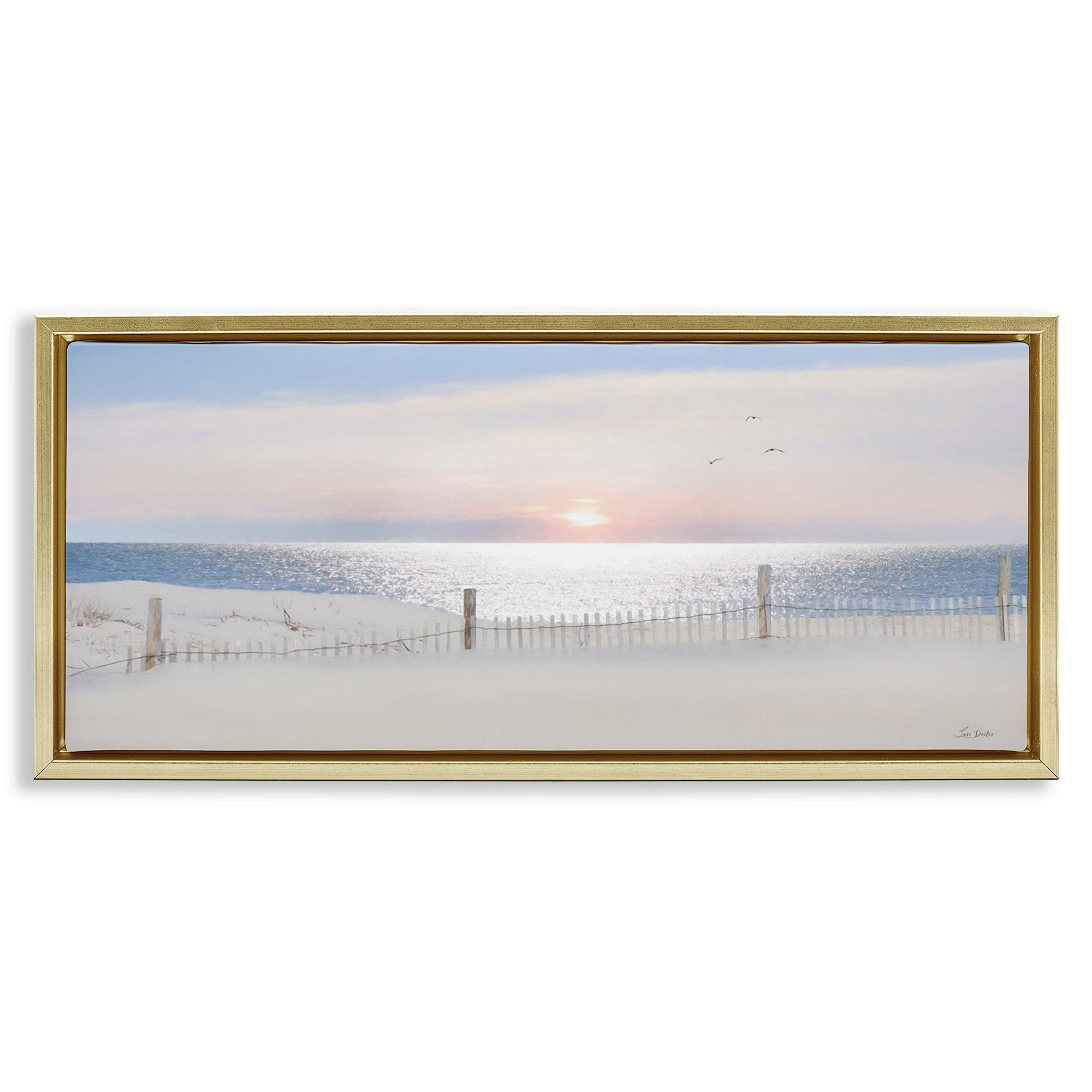 Stupell Industries Fence Along Shore Landscape Photography Gold Floater Framed Canvas Art Print Wall Art, 25 x 11