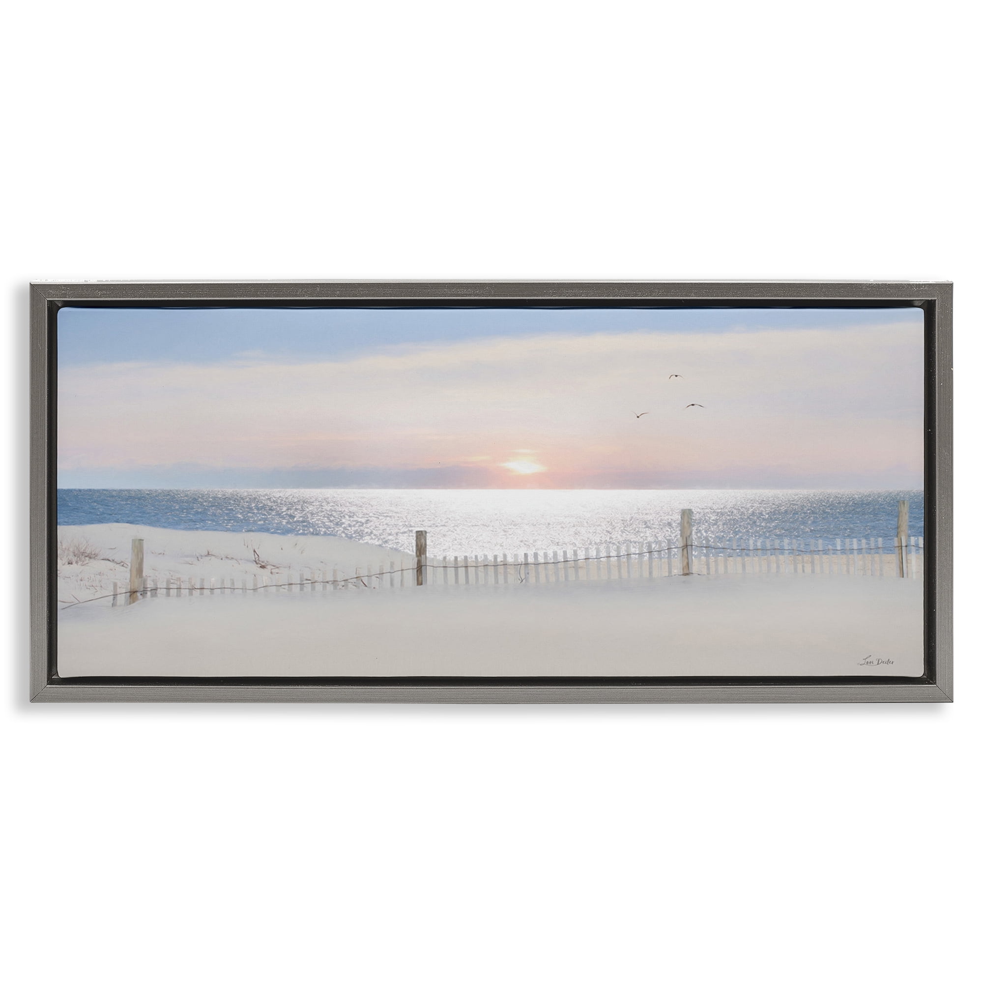 Stupell Industries Fence Along Shore Landscape Photography Gray Floater Framed Canvas Art Print Wall Art, 31 x 14