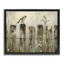 Stupell Industries Fence Perched Country Bird Animals Painting Black Floater Framed Canvas Art Print Wall Art, 21 x 17