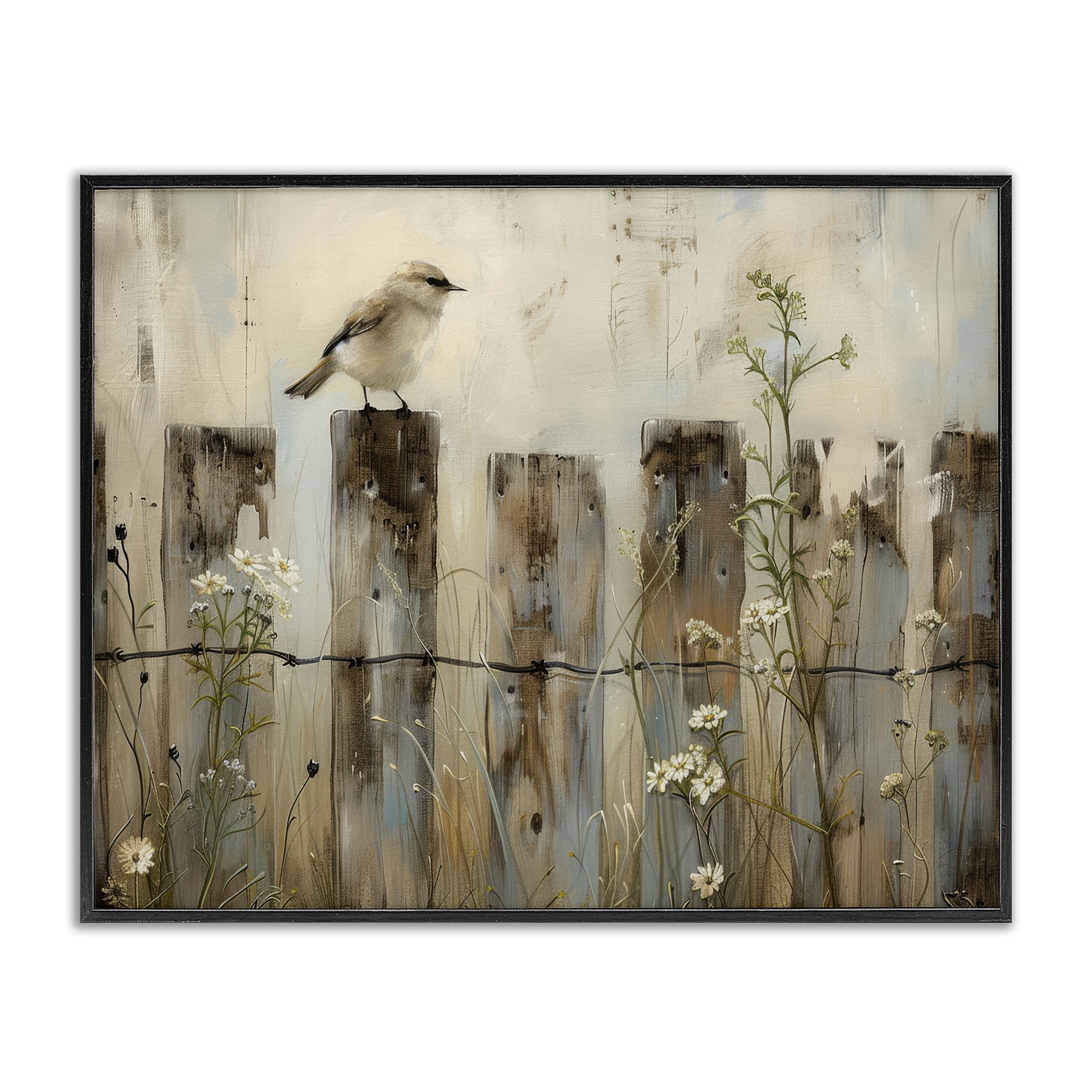 Stupell Industries Fence Perched Country Bird Animals Painting Black Framed Art Print Wall Art, 20 x 16