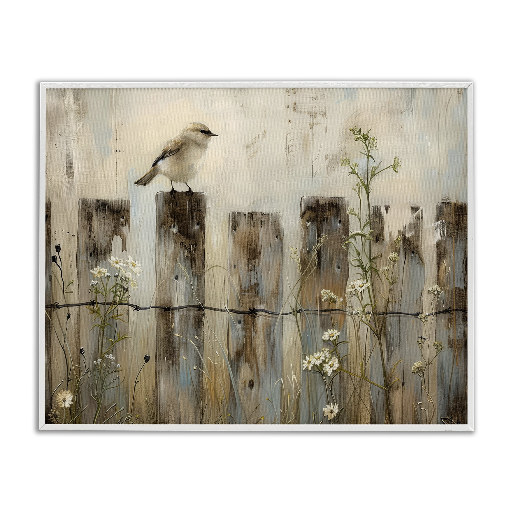 Stupell Industries Fence Perched Country Bird Animals Painting White Framed Art Print Wall Art, 30 x 24