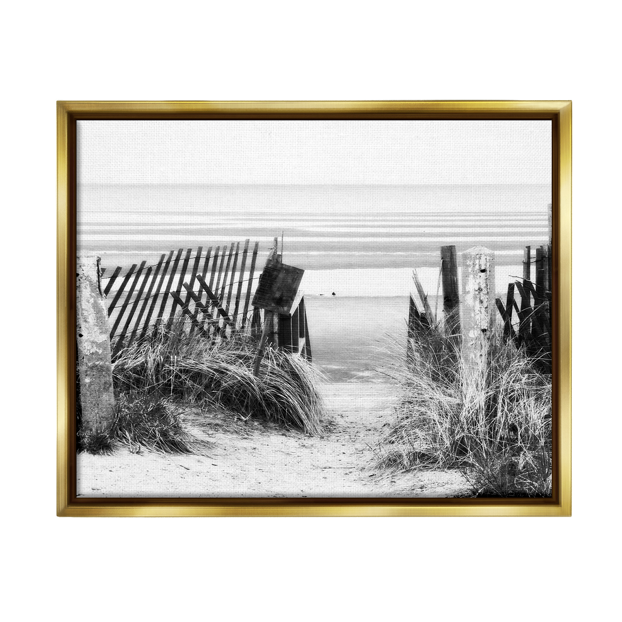 Stupell Industries Fenced Beach Path Landscape Photography Gold Floater Framed Canvas Art Print Wall Art, 31 x 25