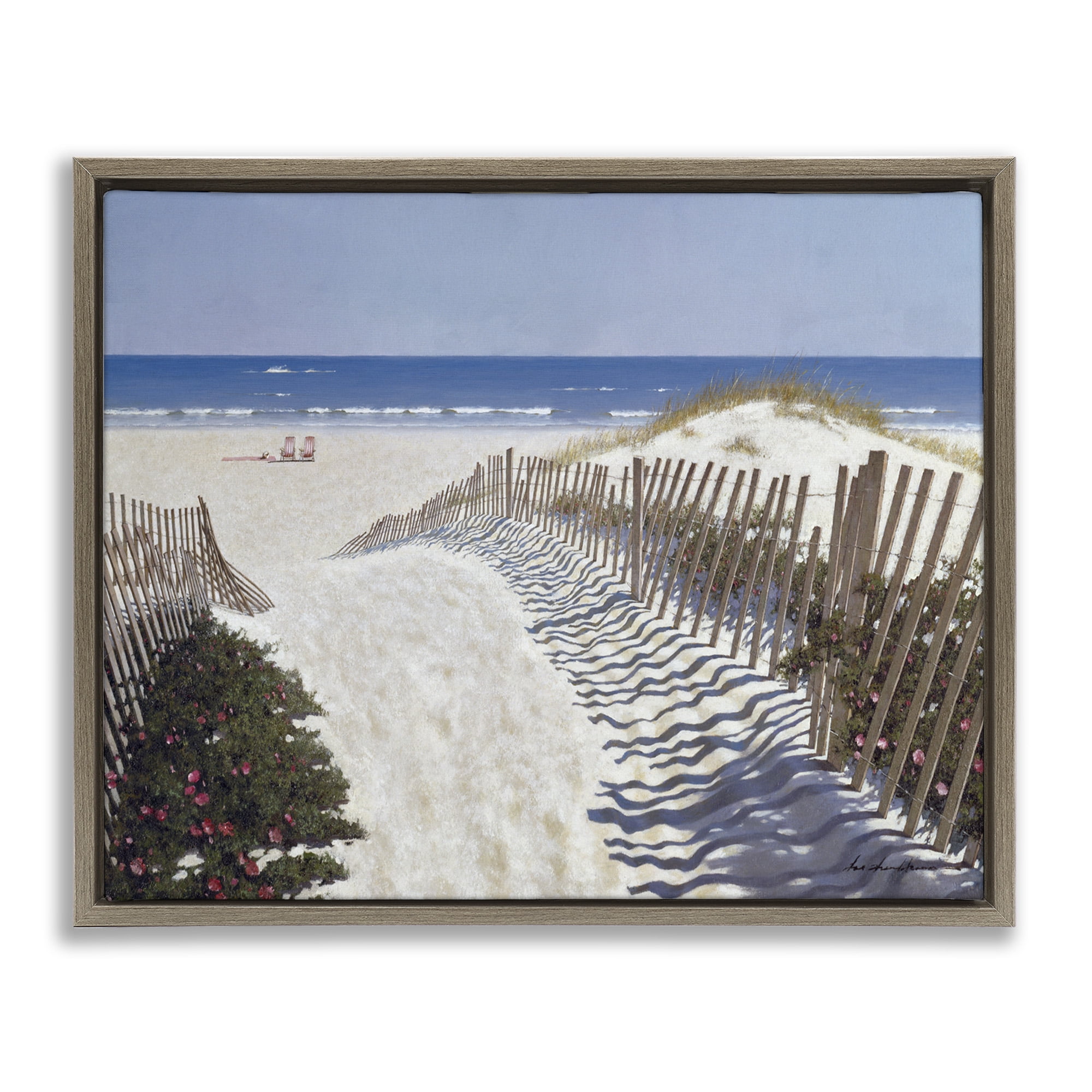 Stupell Industries Fenced Pathway to Beach Nature Painting Brown Floater Framed Canvas Art Print Wall Art, 31 x 25