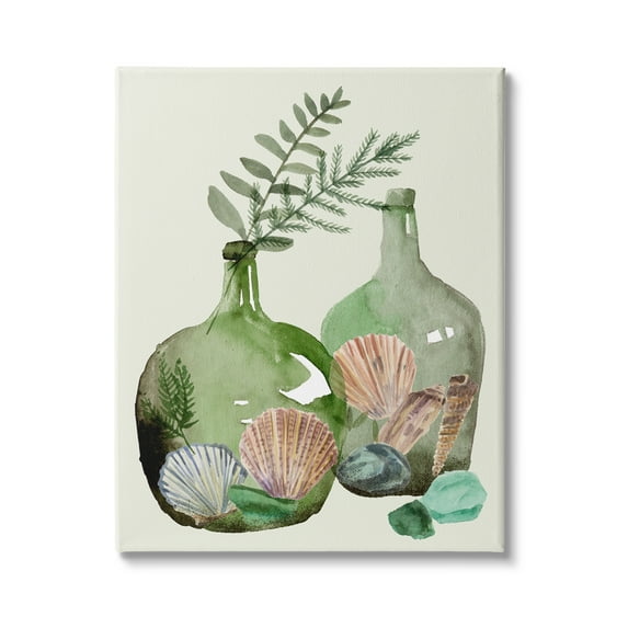 Stupell Industries Fern Foliage in Green Glass Jugs Nautical Seashells, 24 x 30, Design by Melissa Wang 