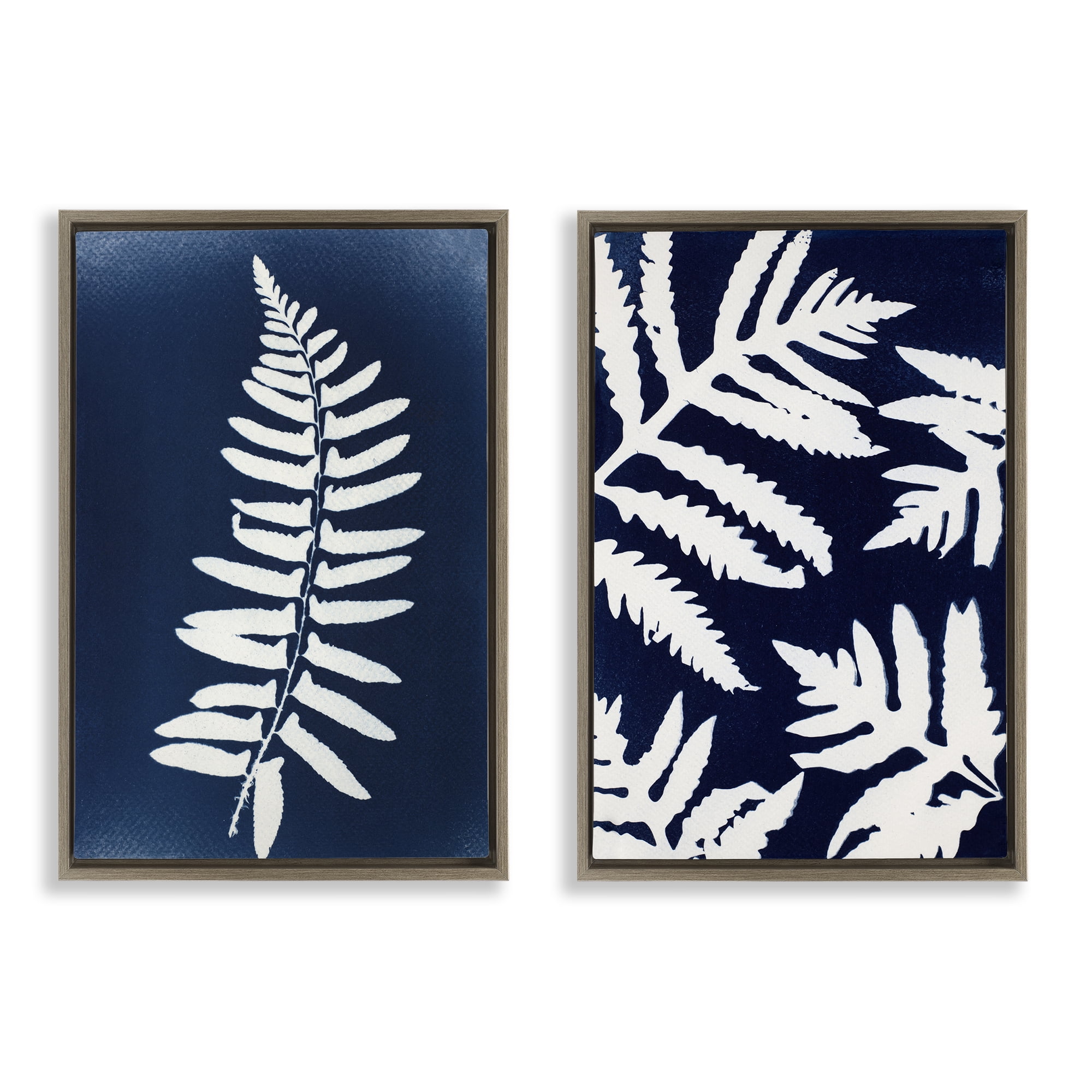Stupell Industries Fern Leaves on Indigo 2 Piece Brown Framed Floater Canvas Set, design by Lynn Byrd