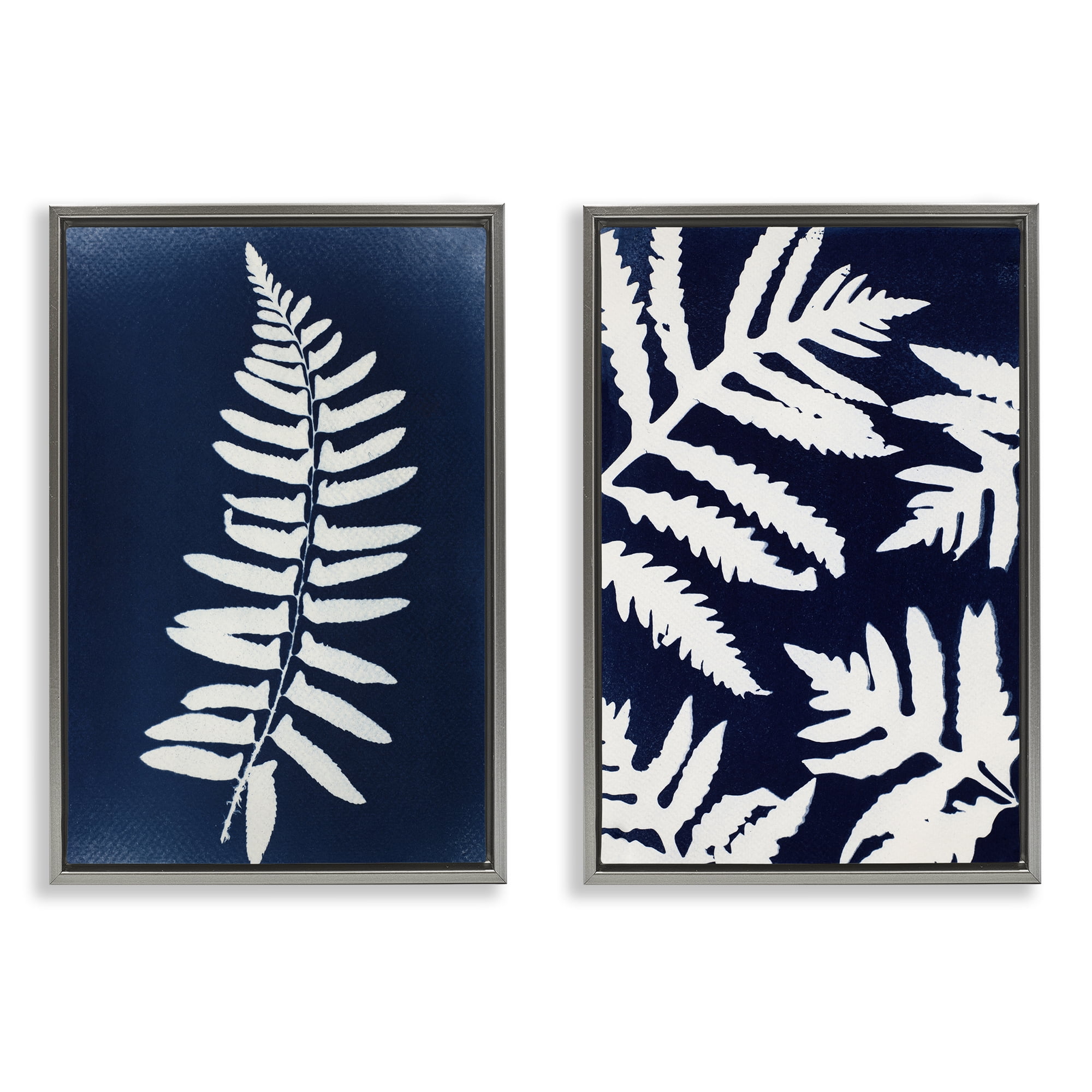 Stupell Industries Fern Leaves on Indigo 2 Piece Gray Framed Floater Canvas Set, design by Lynn Byrd