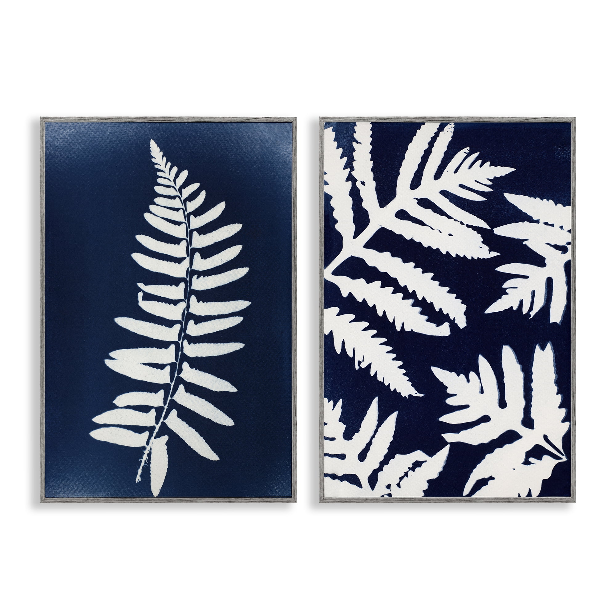 Stupell Industries Fern Leaves on Indigo 2 Piece Gray Framed Giclee Art Set, design by Lynn Byrd