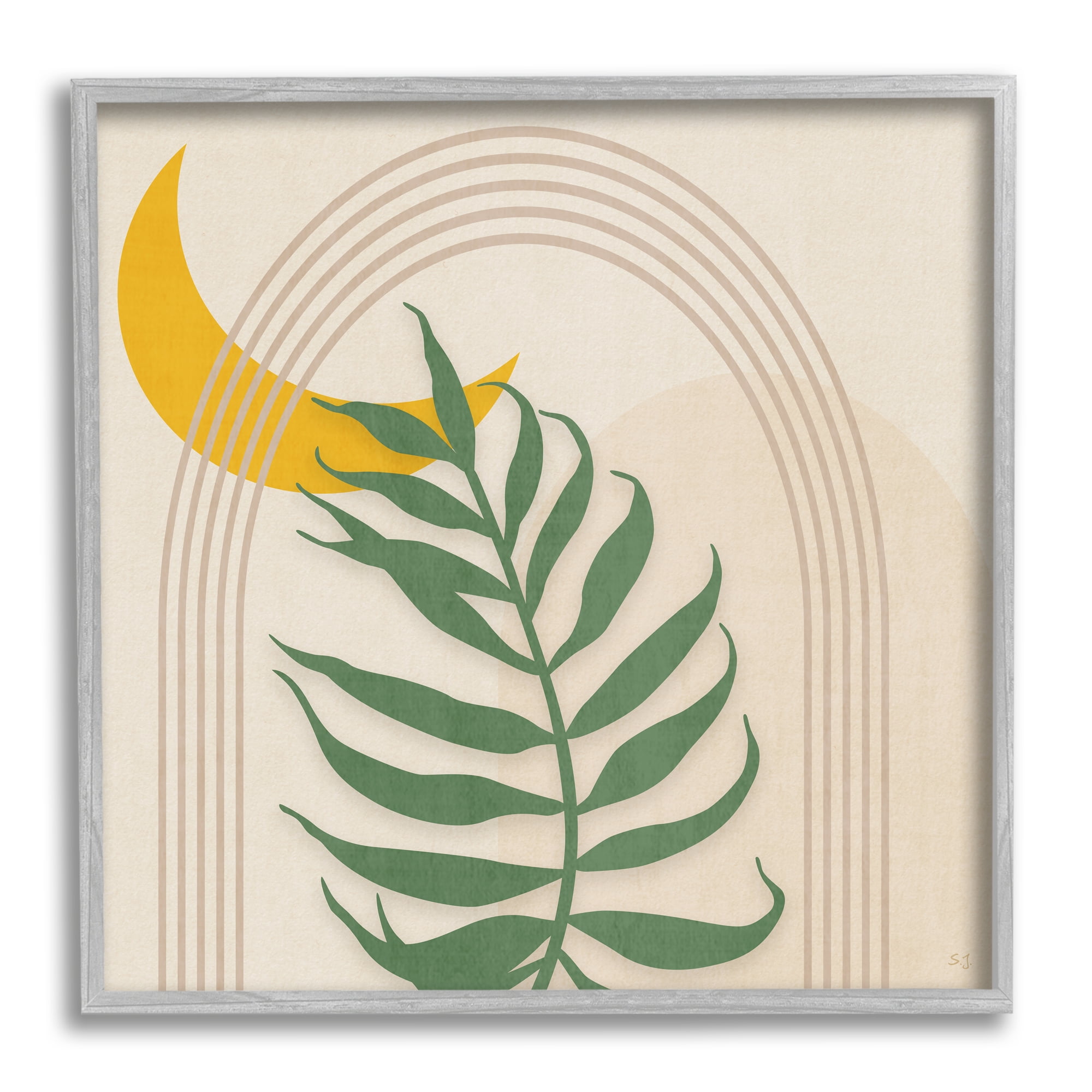 Stupell Industries Fern on Beige with Moon Botanical & Floral Painting Gray Framed Art Print Wall Art, 17 x 17