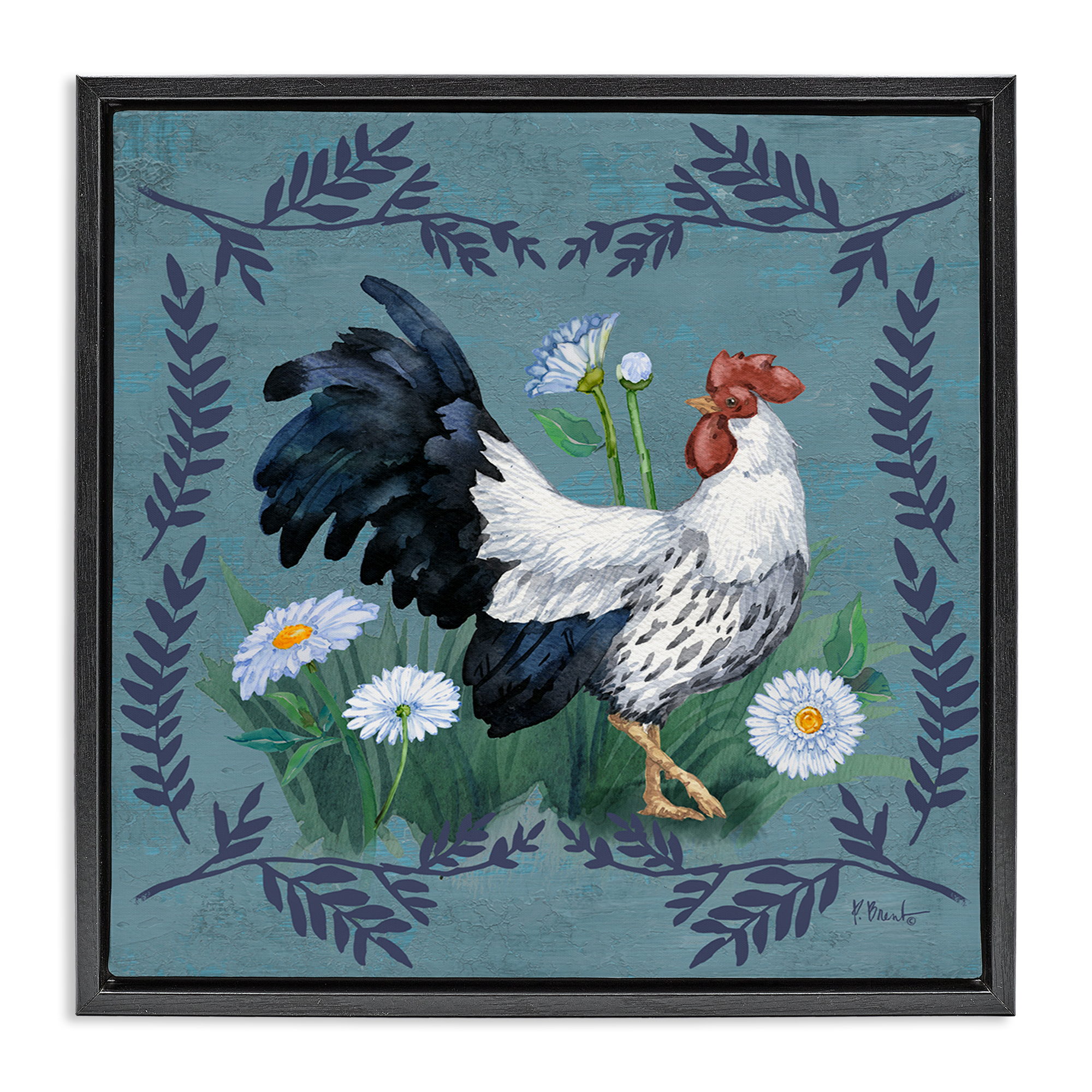 Stupell Industries Ferns & Rooster Animals & Insects Painting Black Floater Framed Canvas Art Print Wall Art, 25 x 25