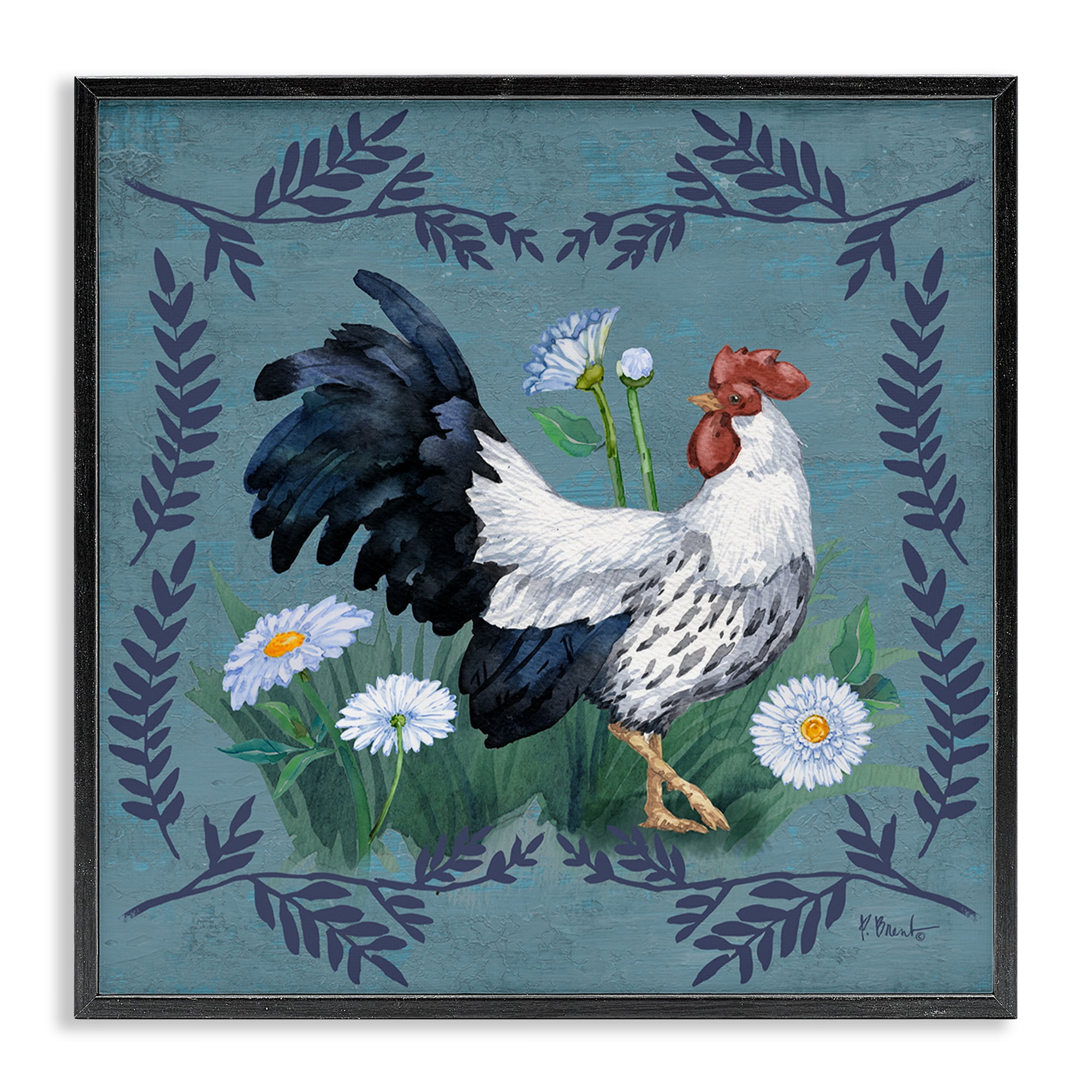 Stupell Industries Ferns & Rooster Animals & Insects Painting Black Framed Art Print Wall Art, 12 x 12