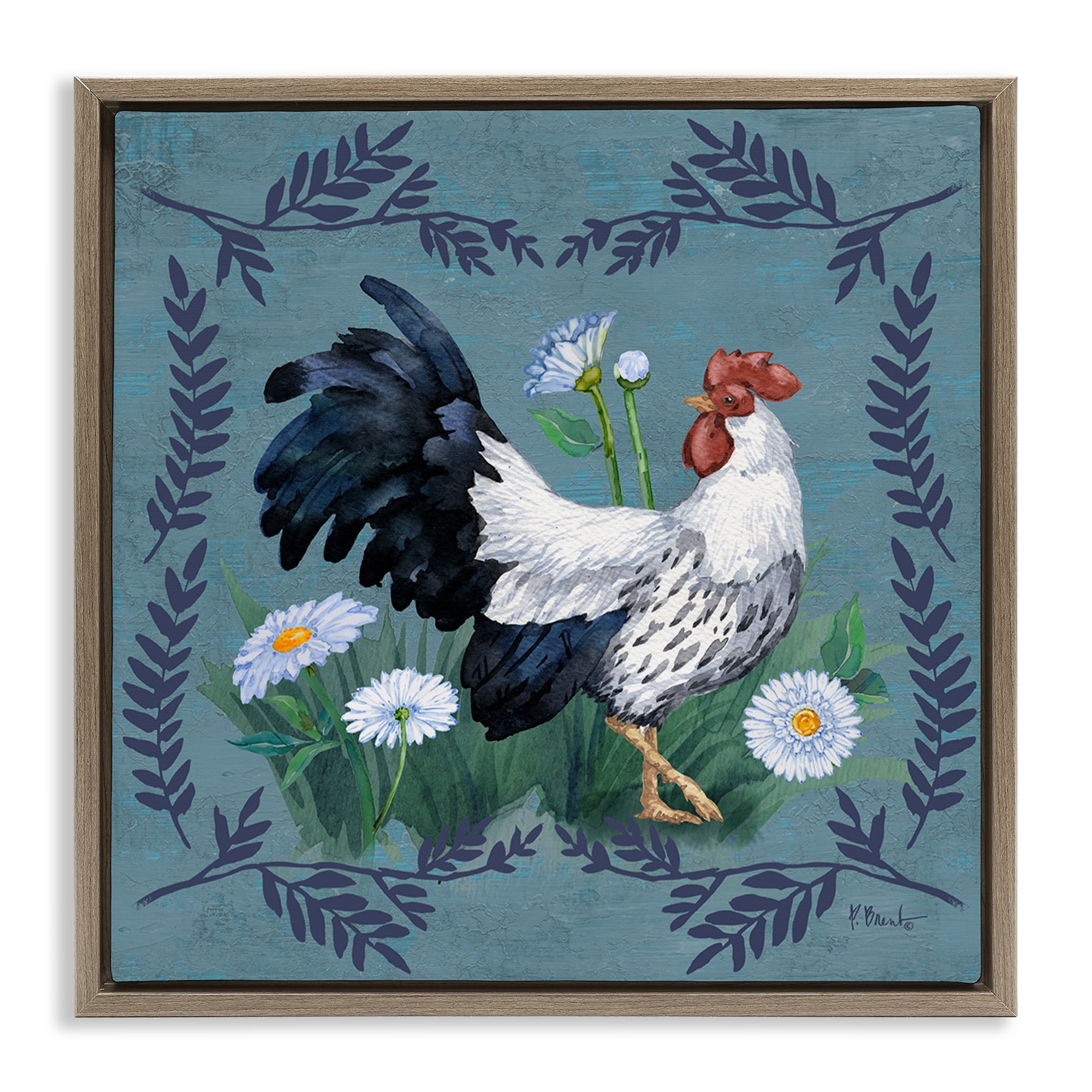 Stupell Industries Ferns & Rooster Animals & Insects Painting Brown Floater Framed Canvas Art Print Wall Art, 25 x 25