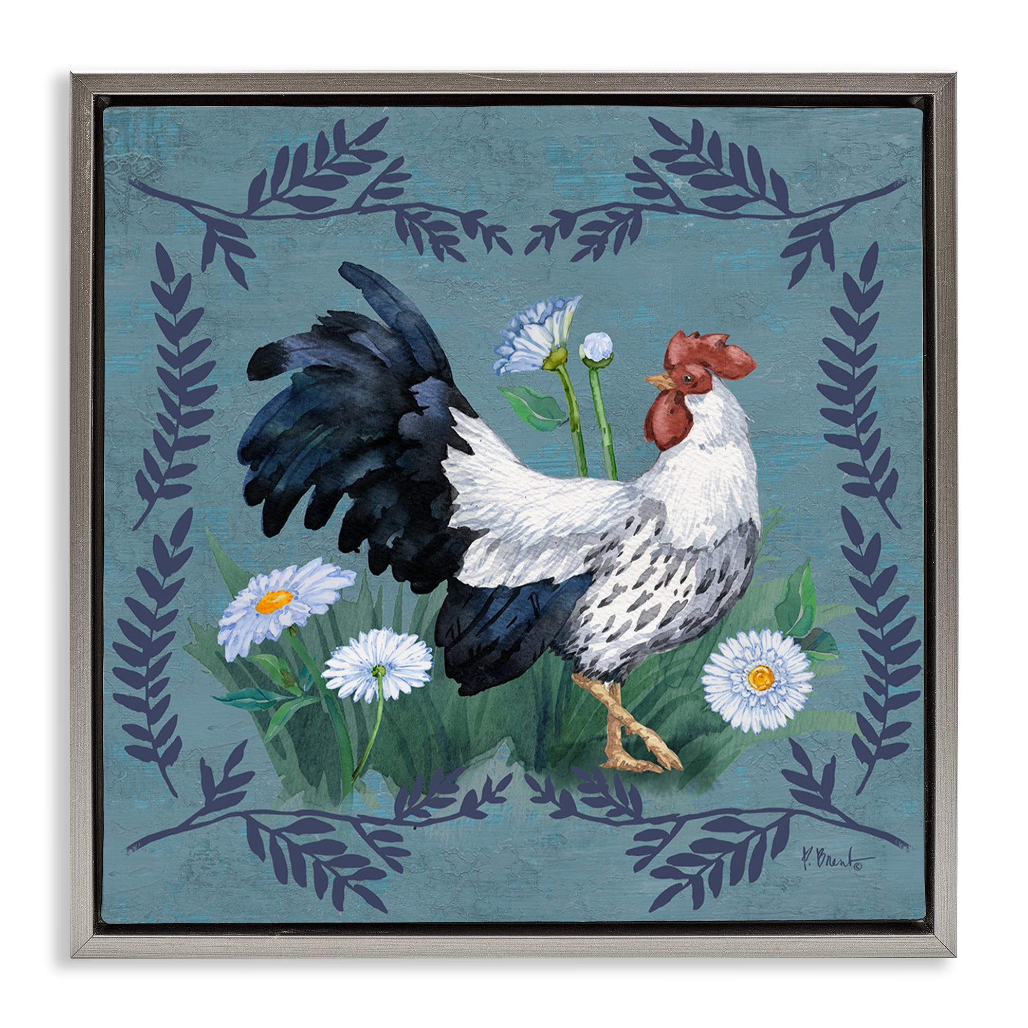 Stupell Industries Ferns & Rooster Animals & Insects Painting Gray Floater Framed Canvas Art Print Wall Art, 25 x 25