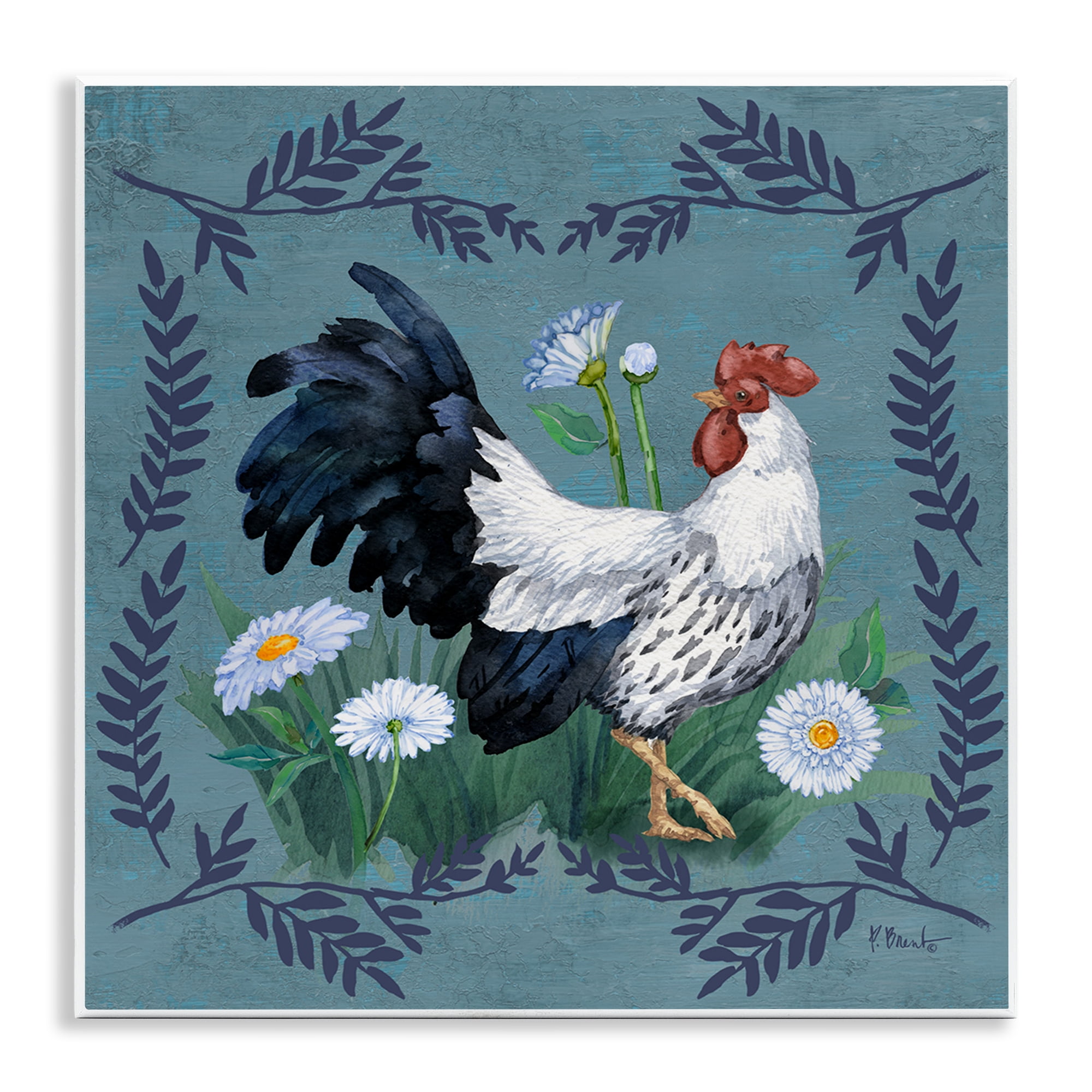 Rustic Blue and White Rooster MDF Wood Wall Plaque, 12 x 12