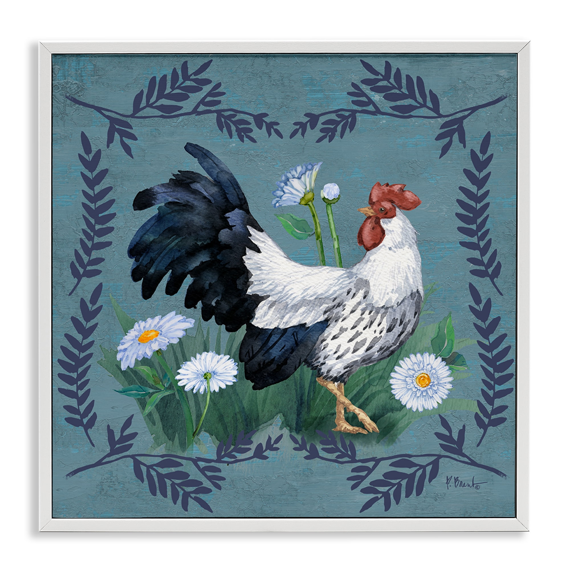 Stupell Industries Ferns & Rooster Animals & Insects Painting White Framed Art Print Wall Art, 17 x 17