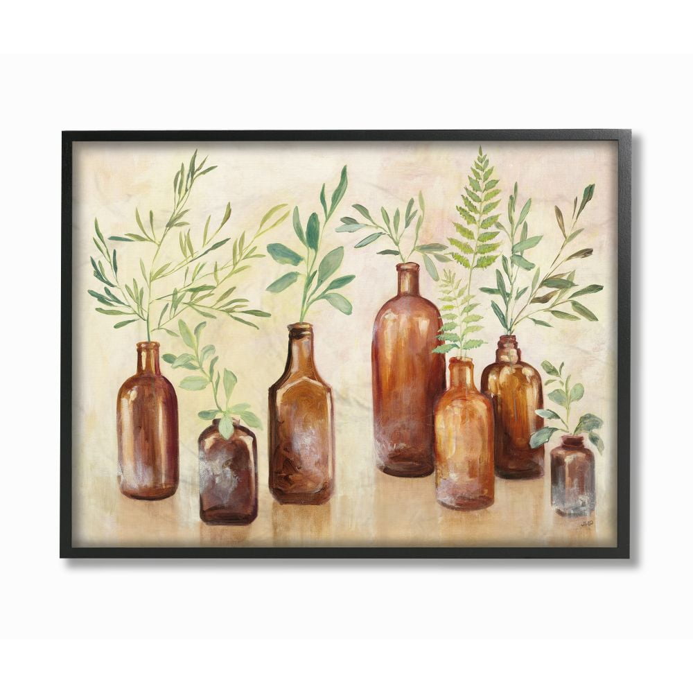 Stupell Industries Ferns and Plants Glass Jars Brown Green Painting Framed Wall Art Design by Julia Purinton, 16" x 20", Black Framed