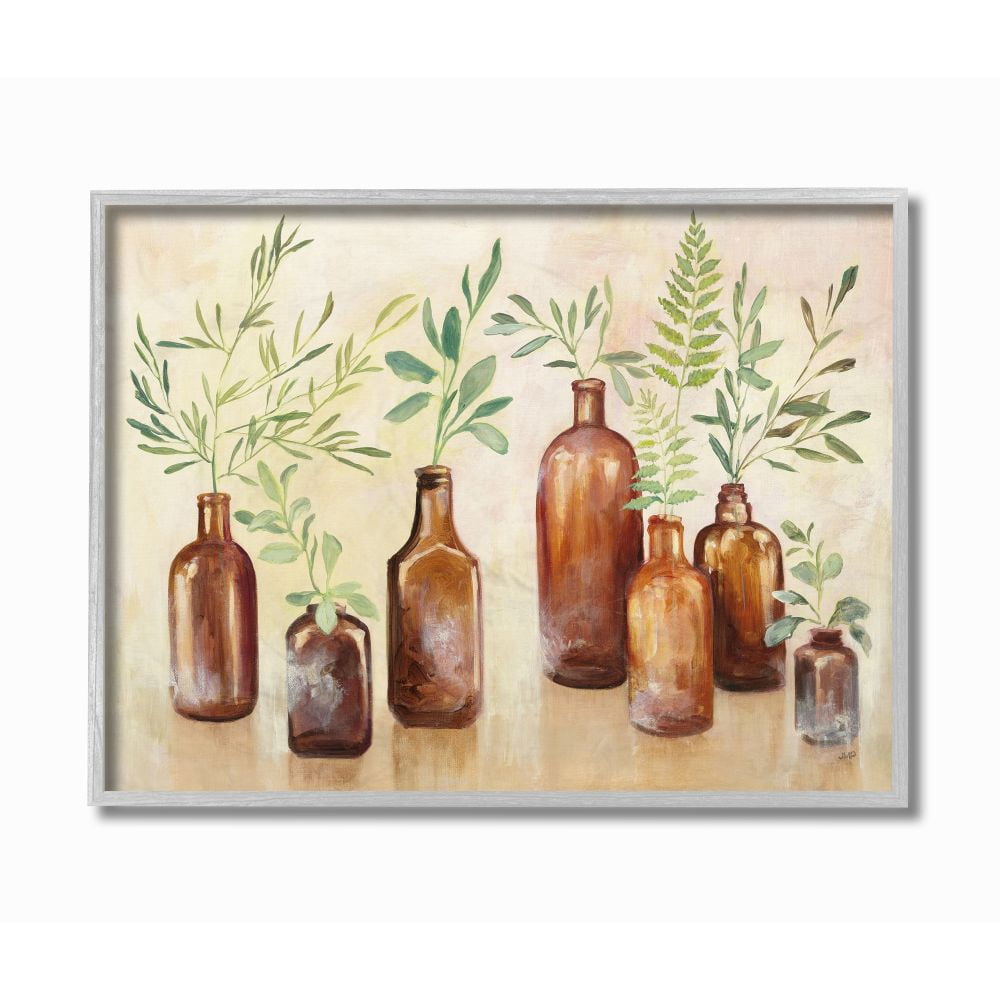 Stupell Industries Ferns and Plants Glass Jars Brown Green Painting Framed Wall Art Design by Julia Purinton, 16" x 20", Gray Framed