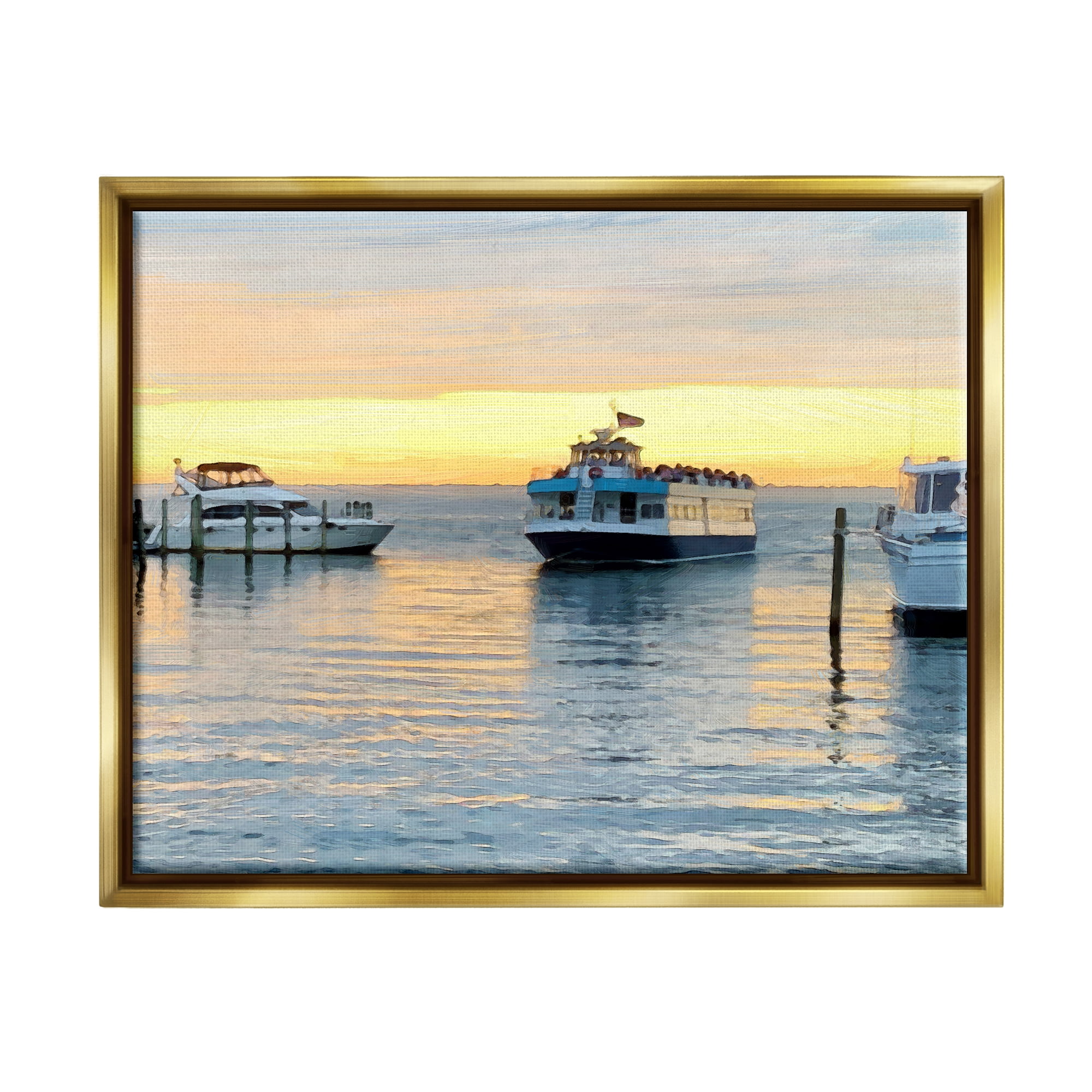 Stupell Industries Ferry Boat Sunlit Sea Harbor Coastal Photography Gold Floater Framed Art Print Wall Art