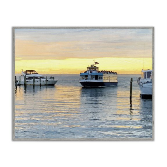 Stupell Industries Contemporary Ferry Boat Sunlit Sea Harbor Gray Framed Giclee Art, 14 x 11, by Jeff Pica
