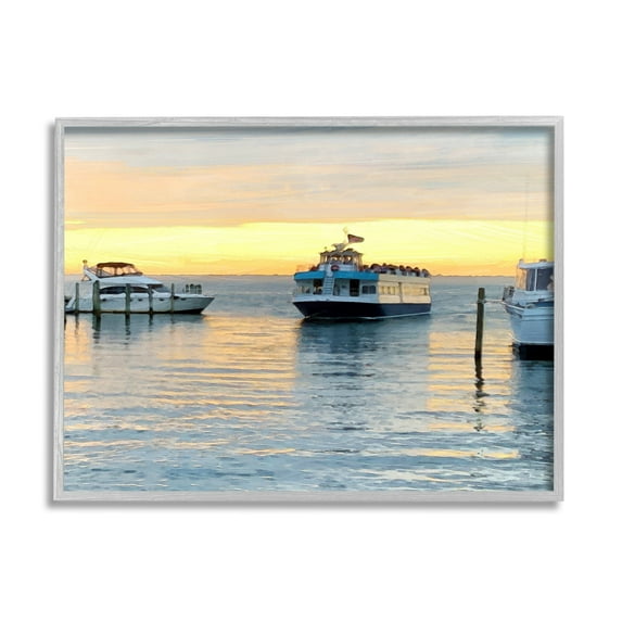Stupell Industries Ferry Boat Sunlit Sea Harbor Coastal Photography Gray Framed Art Print Wall Art