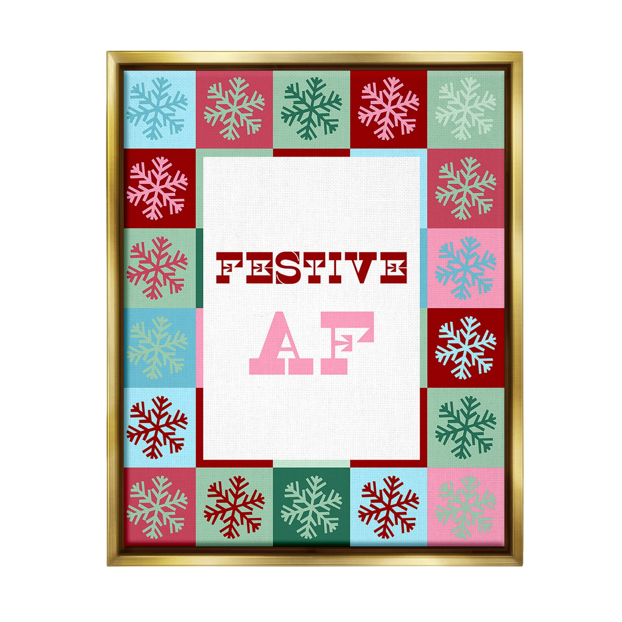 Stupell Industries Festive AF with Snowflakes Holiday Painting Gold Floater Framed Canvas Art Print Wall Art, 25 x 31