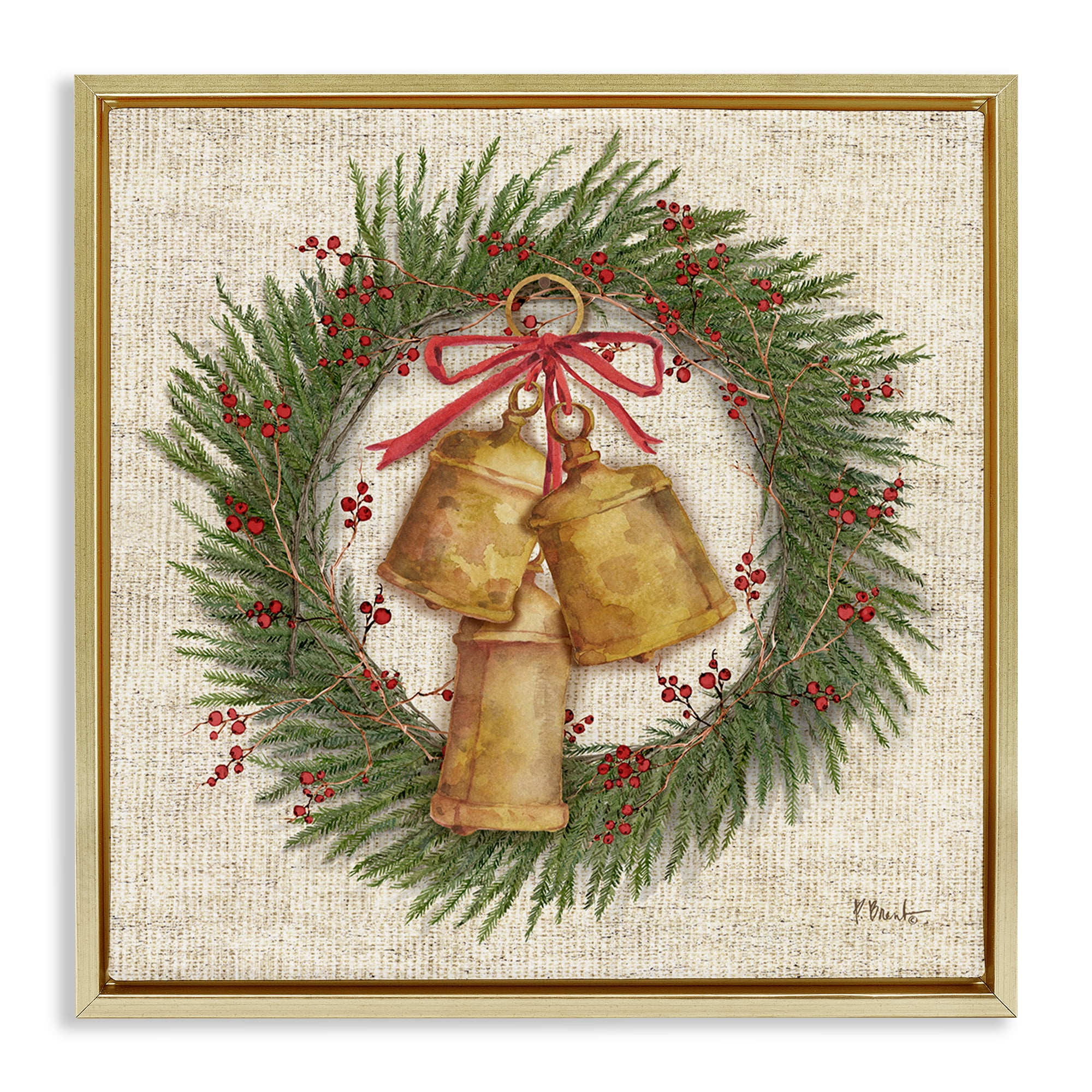 Stupell Industries Festive Bells Wreath Holiday Painting Gold Floater Framed Canvas Art Print Wall Art, 18 x 18