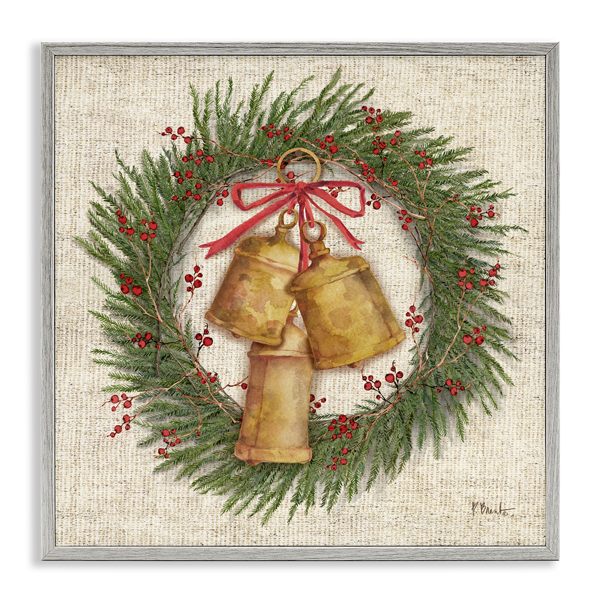 Stupell Industries Festive Bells Wreath Holiday Painting Gray Framed Art Print Wall Art, 17 x 17